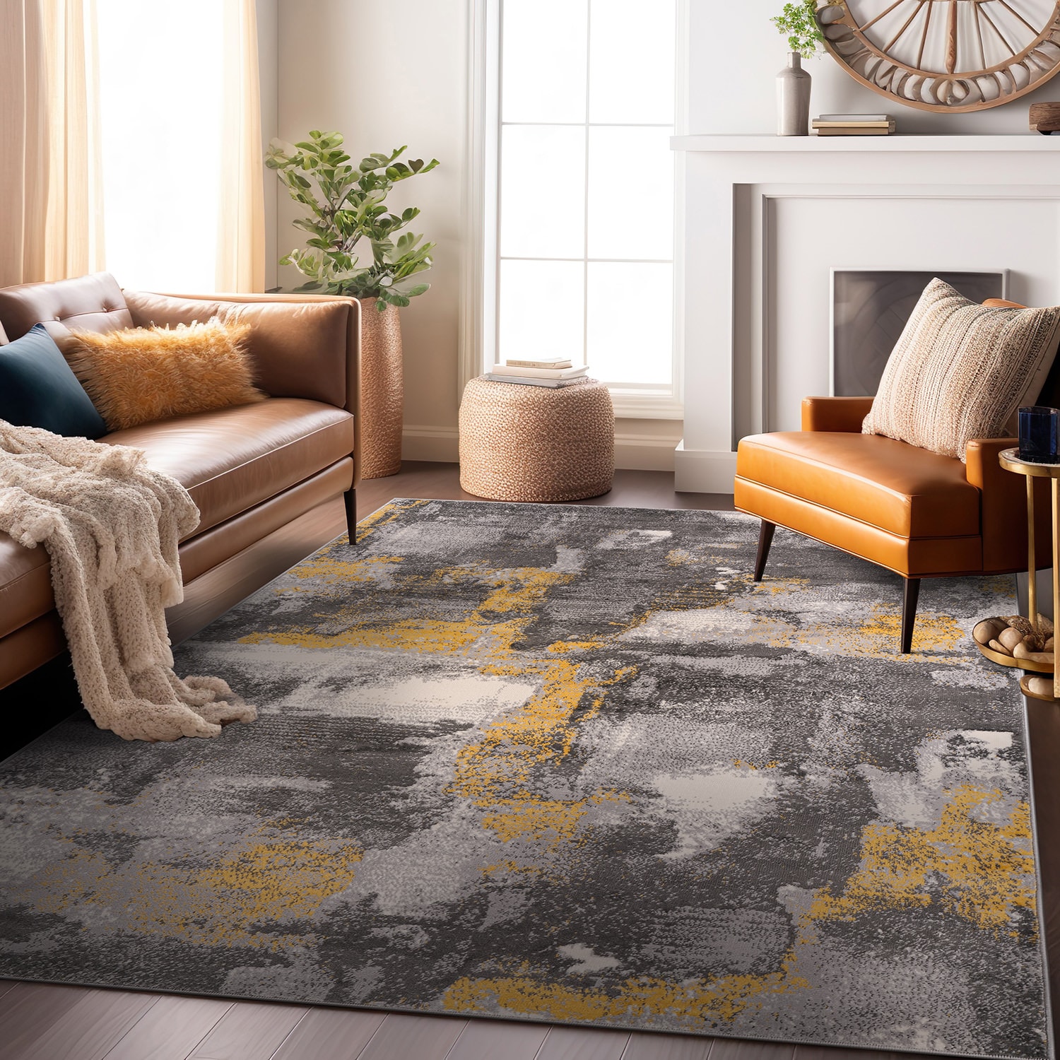 Brighton Yellow and Gray Abstract 5' x 7' Stain-Resistant Synthetic Area Rug