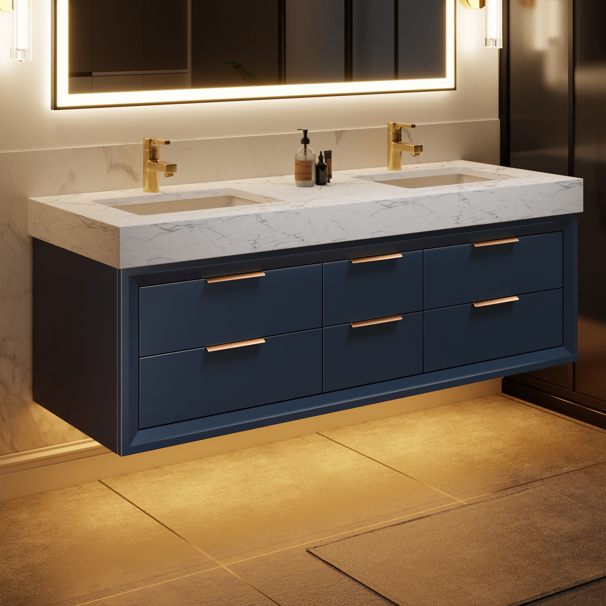 ExBrite XB6021V11DBE 60-in Blue Undermount Double Sink Floating Bathroom Vanity with White Engineered Stone Top