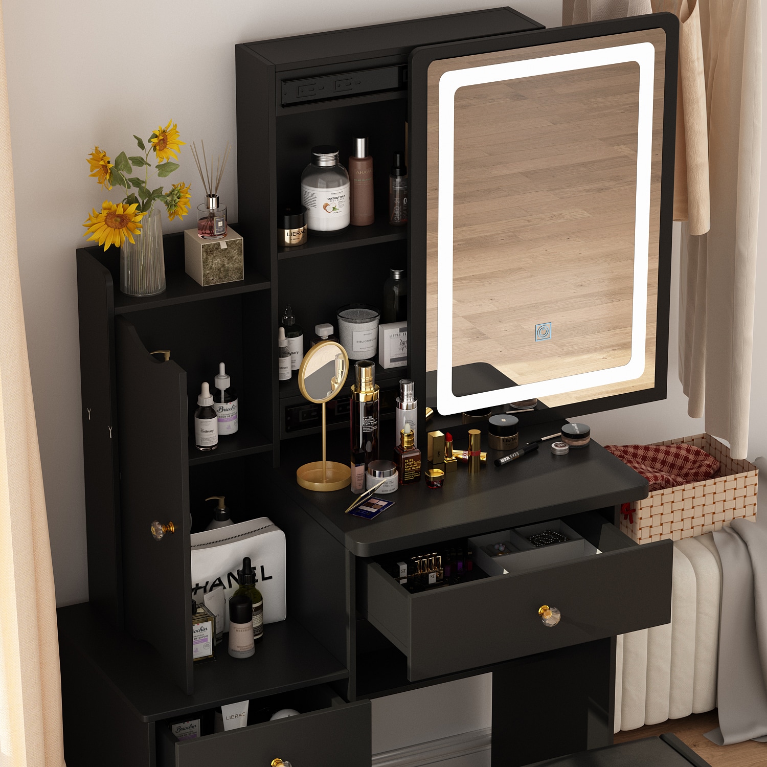 FUFU&GAGA Contemporary Black Makeup Vanity Table with Mirror and Stool ...