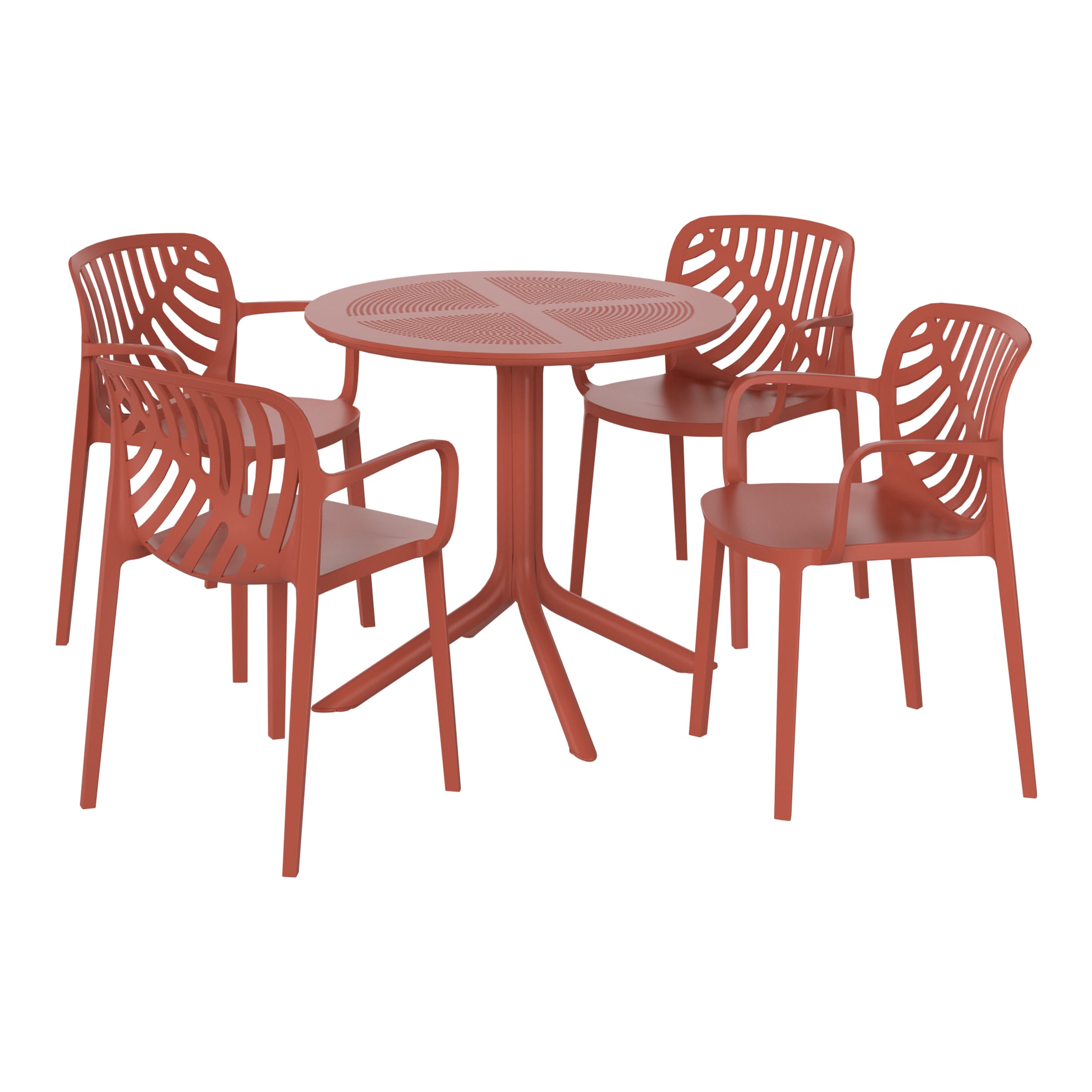 Westin Furniture OP3093-RD FrondForm 5 -Piece Red Patio Dining Set Plastic Round Table with 4 Stackable Stationary Chairs