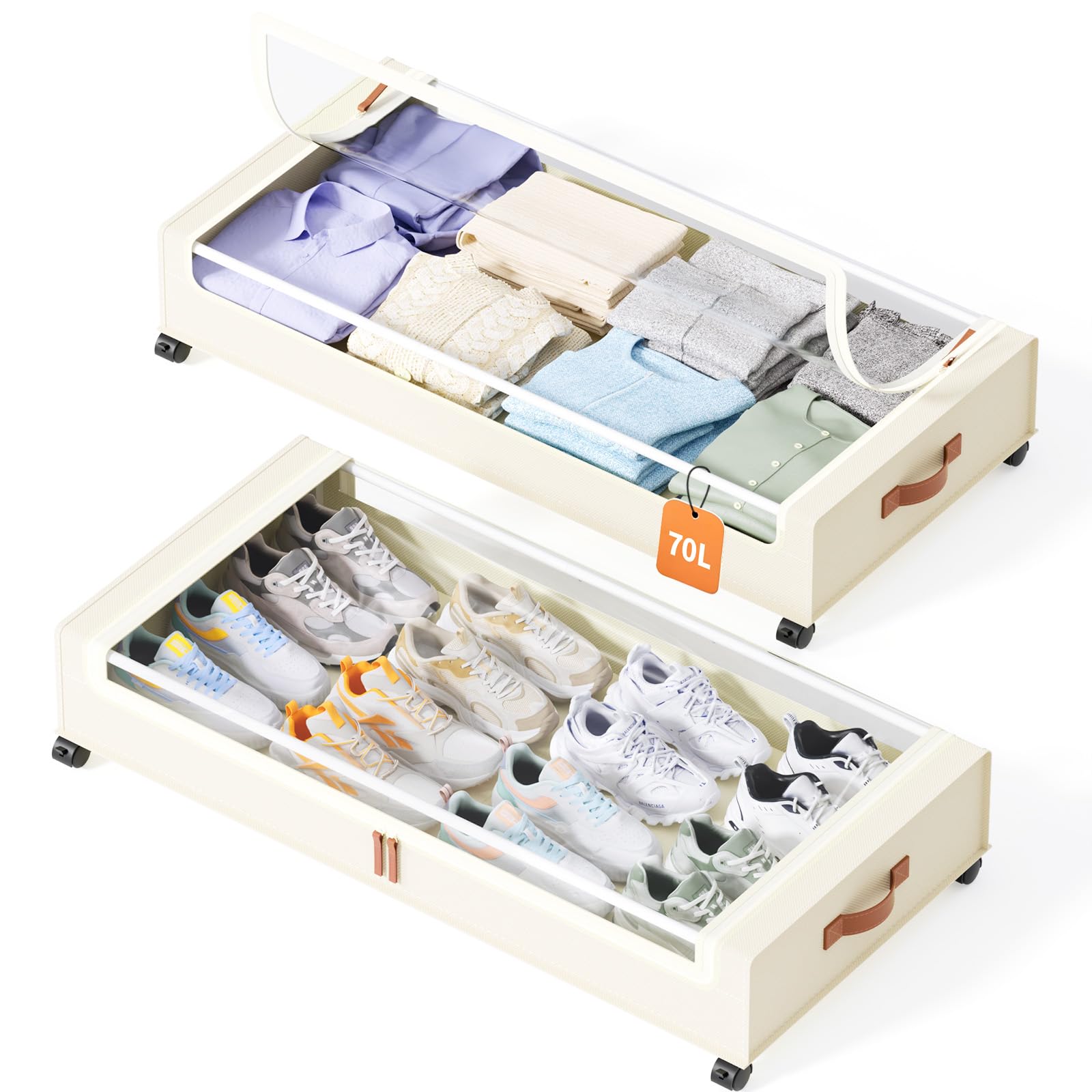 URIACG Beige X Large 70L 2 Pack Under Bed Storage With Wheels Rolling Oxford Fabric With Clear Window Label Holder For Clothes Shoes Blankets