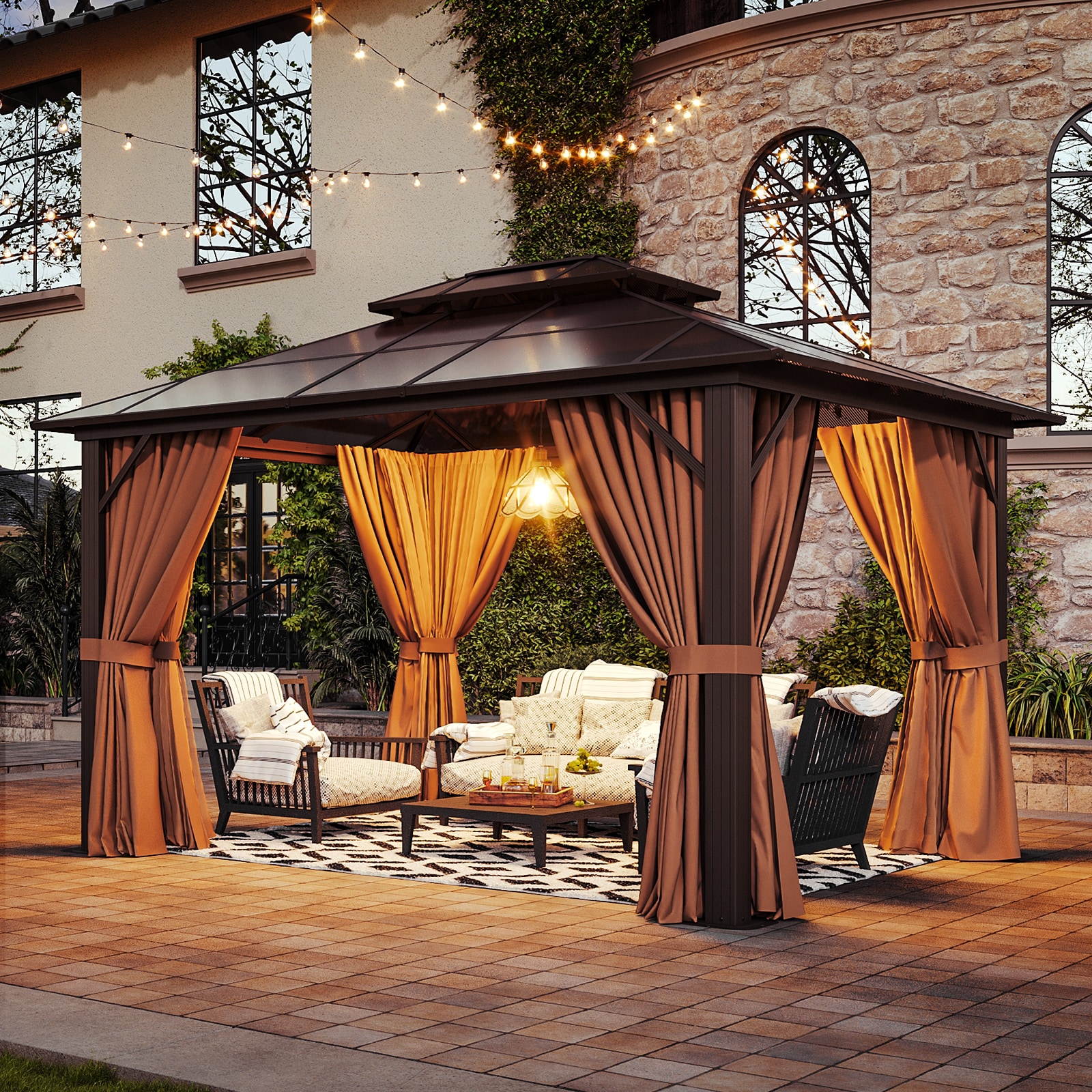 AOXUN 12-ft X 10-ft Gazebo Rectangle Brown Metal Polycarbonate Roof ...