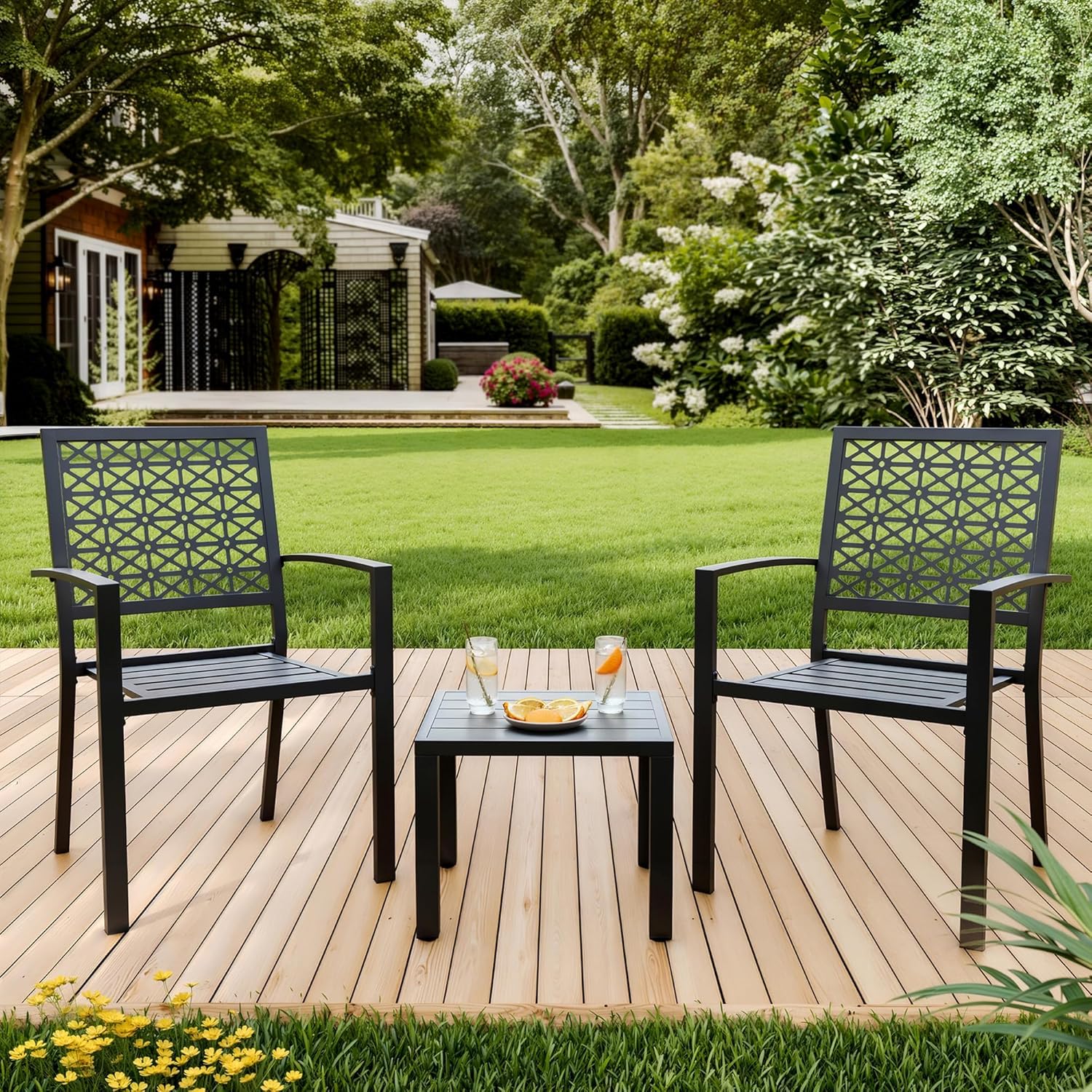 Qeetex DHZ-PPG-334X6FB4 3-Piece Outdoor Bistro Set Modern Steel Patio Furniture with 2 Stackable Chairs and 1 Table for Garden Balcony Poolside Rust Resistant Dining Set