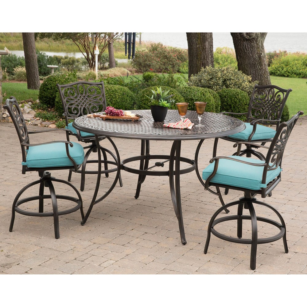 Hanover Blue 5-Piece High-Dining Set with Swivel Chairs and Cast-Top Table