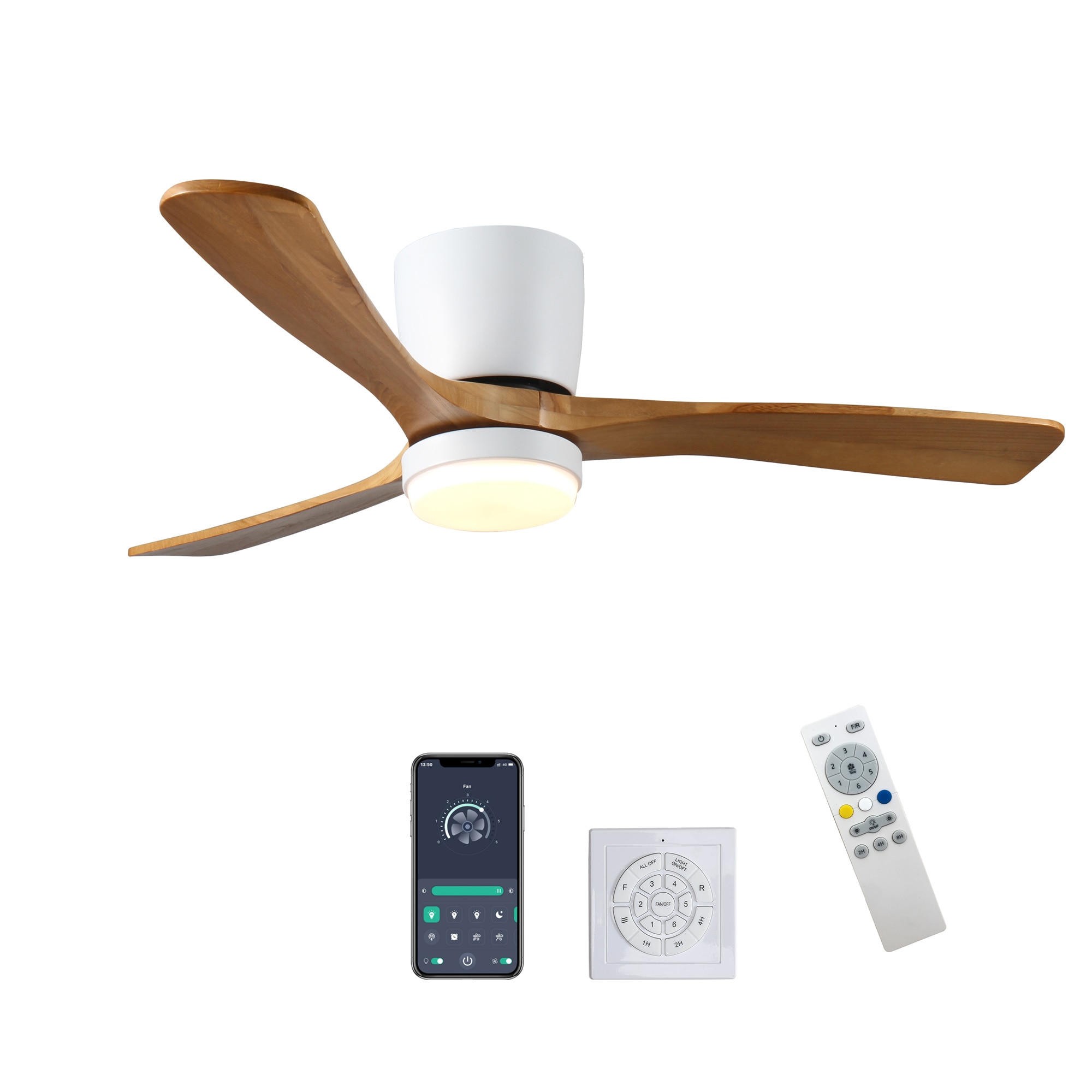 BABOOM BOM-1340119-OR Low Profile Ceiling Fan with Light 42-in Integrated LED Flush Mount White with Wood Blades Ceiling Fan With Light - Remote Included ( 3 -Blade )