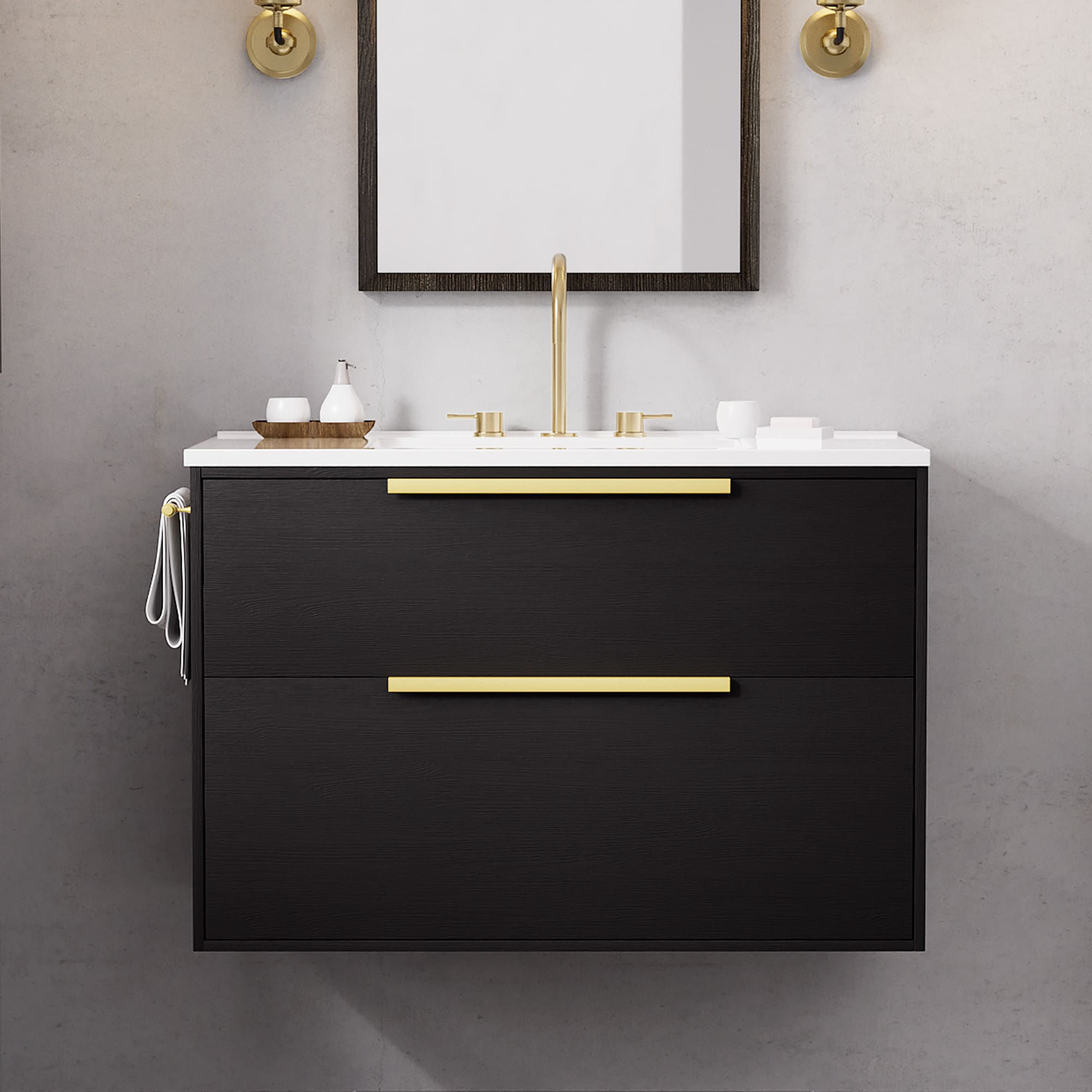 JEAREY FYSC-36-HS Floating Bathroom Vanity 36-in Black Single Sink Floating Bathroom Vanity with White Polymarble Top