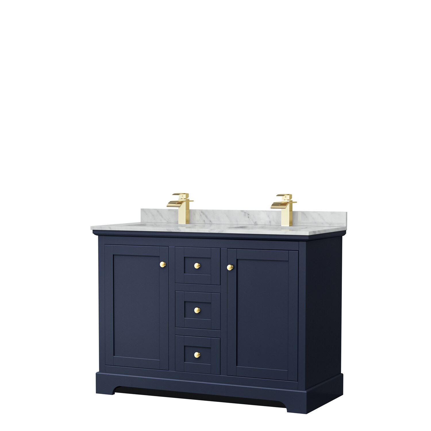 Wyndham Collection WCV232348DBLCMUNSMXX Avery 48-in Dark Blue with Brushed Gold Trim Undermount Double sink Bathroom Vanity with White Carrara Marble Marble Top