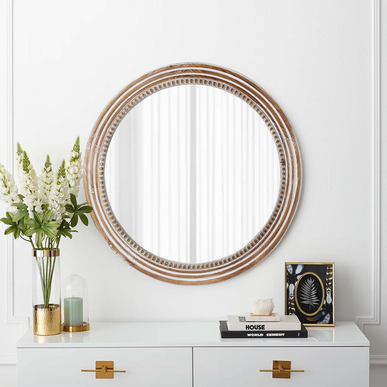 Rainlex 31.5 in White Round Wood Wall Mirror with Beaded Frame Rustic Farmhouse Decorative Accent Mirror for Living Room Bedroom Entryway