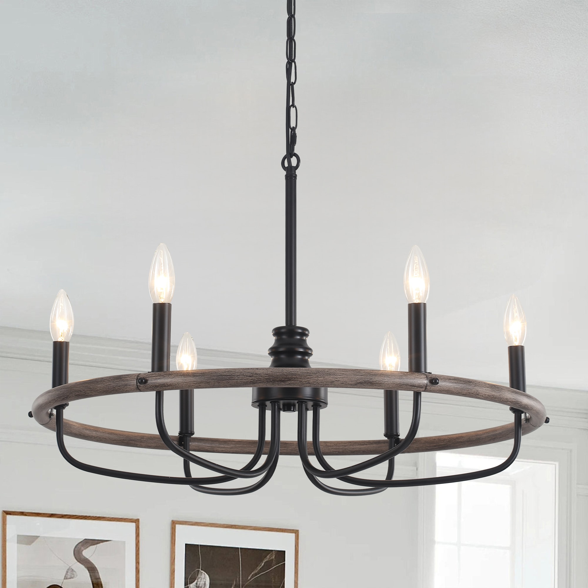 ZemSum 27-in 6-Light Brown and Black Metal Wagon Wheel Chandelier