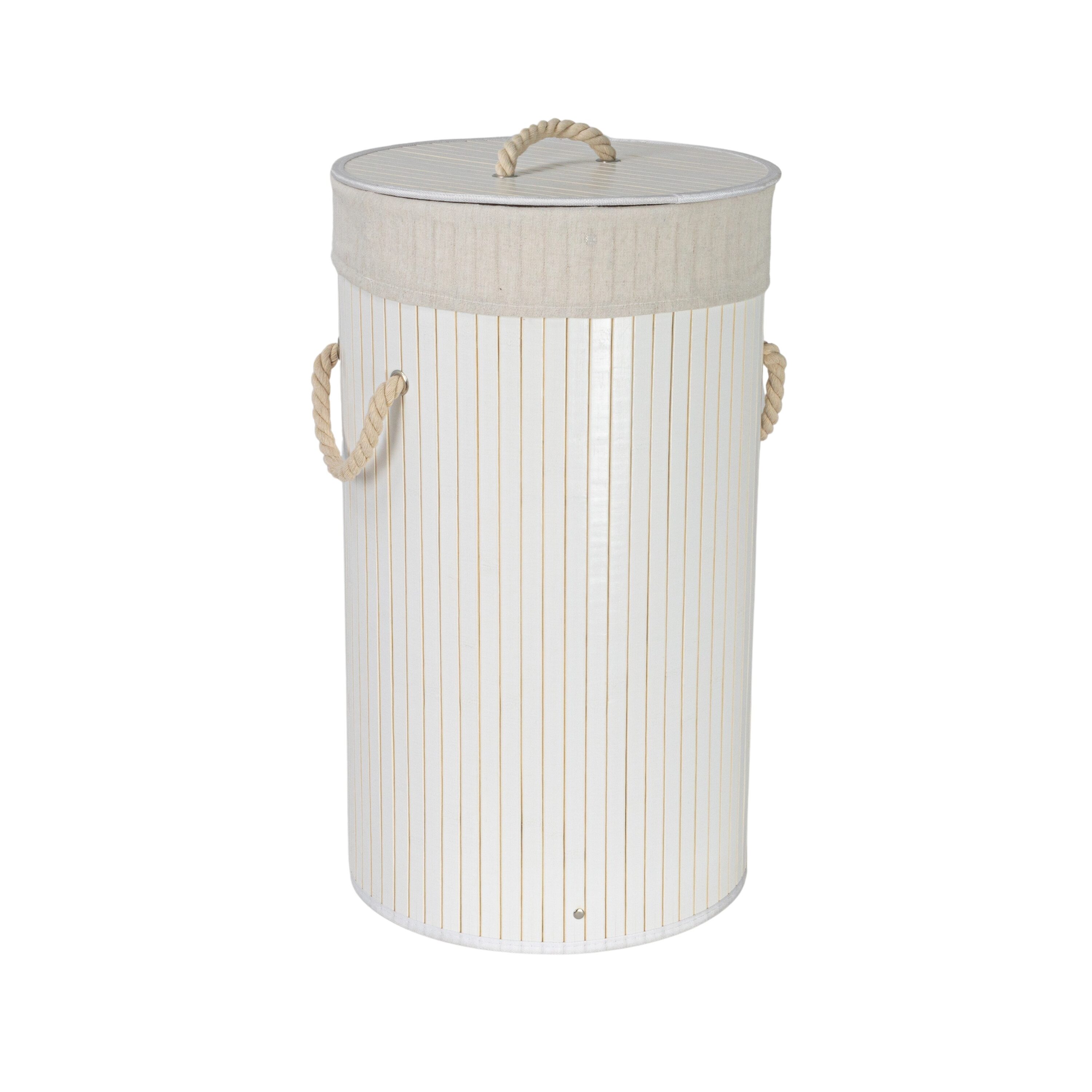 Household Essentials HE1220 Bamboo Laundry Hamper with Rope Handles Lid and Removable Machine Washable Laundry Bag 15-Gallons White