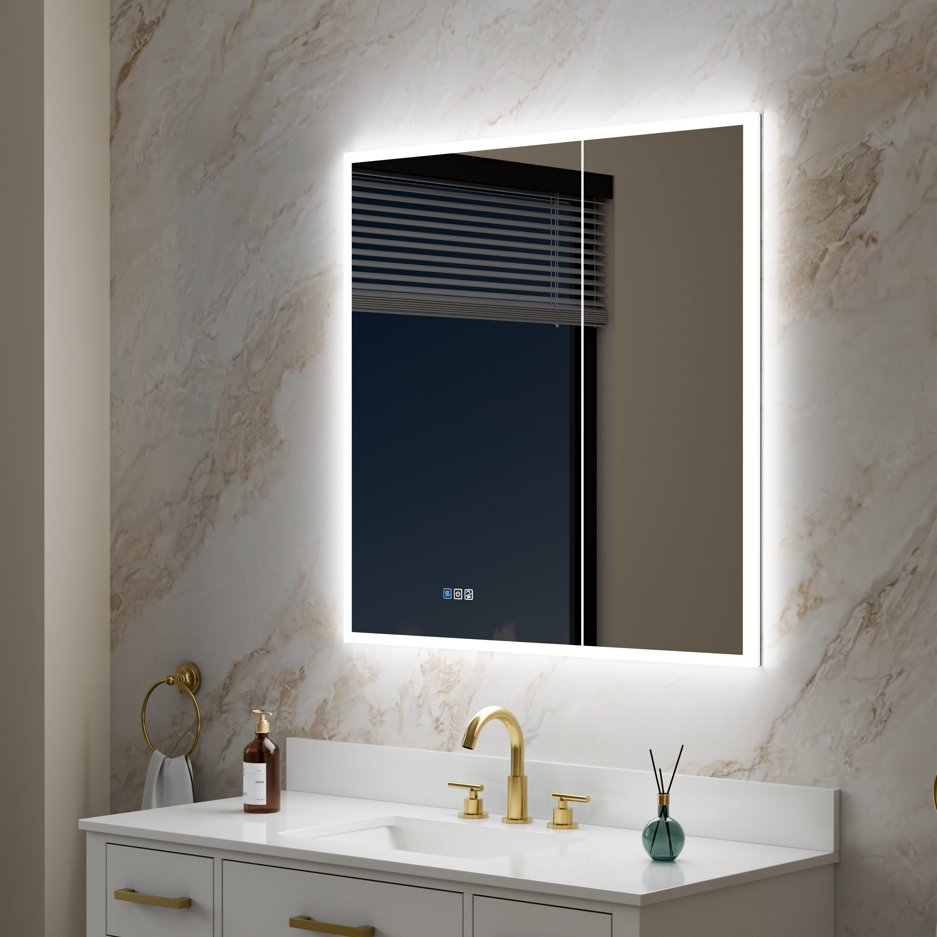 CALVON B8 Fully Assembled 36-in x 36-in Lighted LED Fog Free Surface/Recessed Mount Aluminum Mirrored Square Soft Close Medicine Cabinet with Outlet
