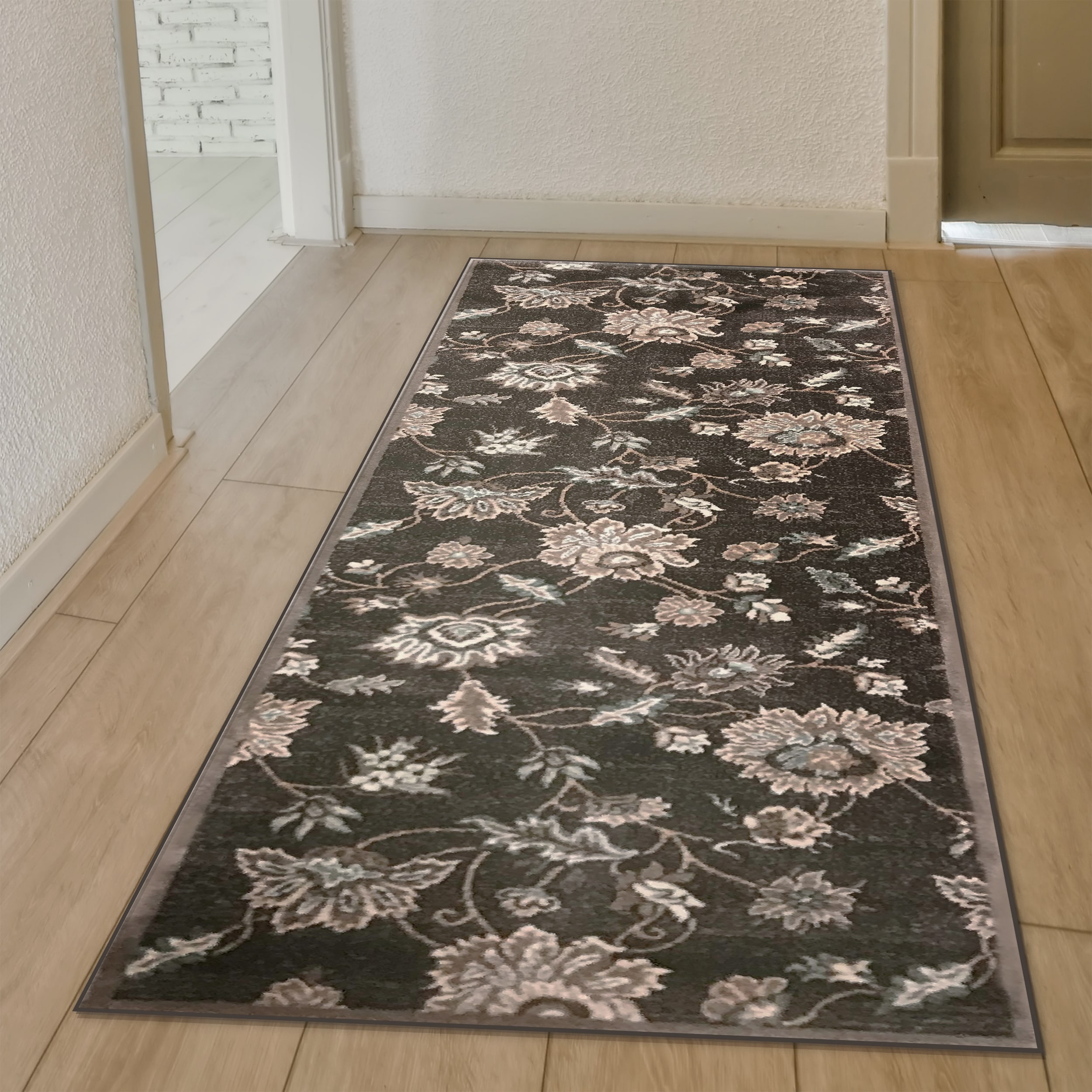 Transitional Floral Brown Synthetic 2' x 8' Runner Rug