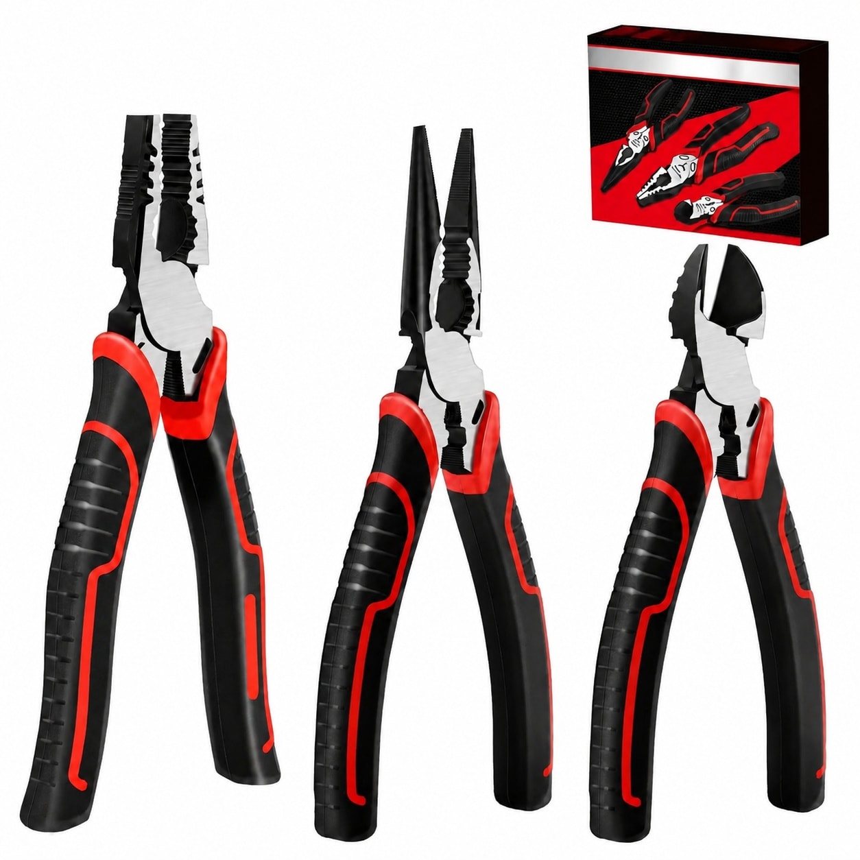 Linder Group Inc High leverage plier tool set 3 pcs includes 8 inch needle nose pliers 8 inch linesman pliers and 6 inch diagonal cutting plier forged chrome