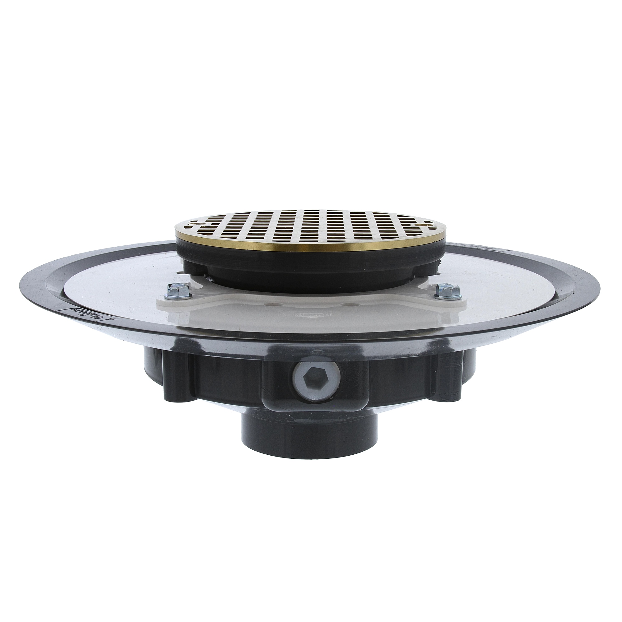Jones Stephens D53443 2 inch Heavy Duty PVC Floor Drain Base with 3-1/2 inch Plastic Spud, 10 inch Pan and 5 inch Polished Brass Round Strainer