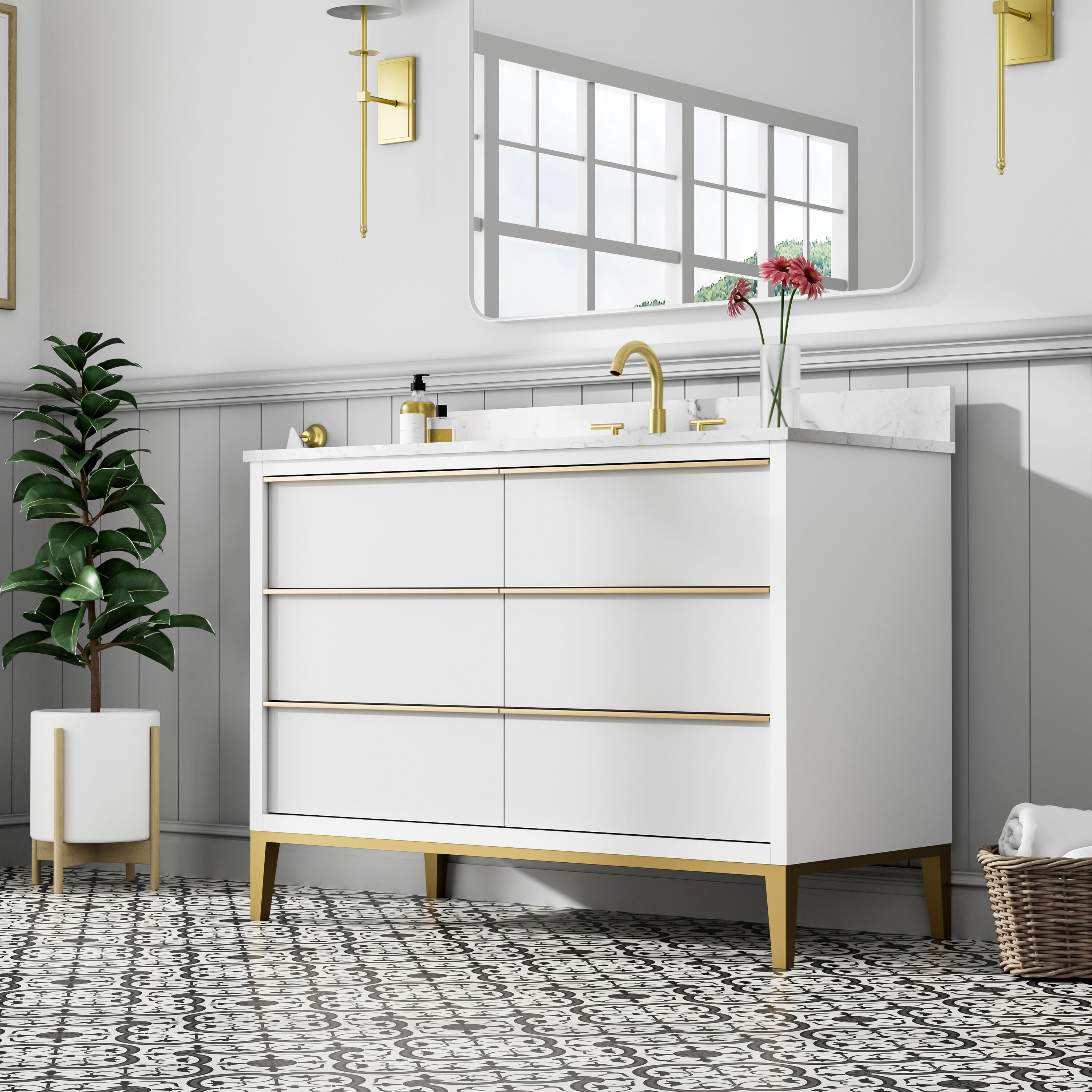 WELLFOR EX-MC4832X Solid Wood Bathroom Vanity 48 White Undermount Single Sink Bathroom Vanity with Carrera White Quartz Top