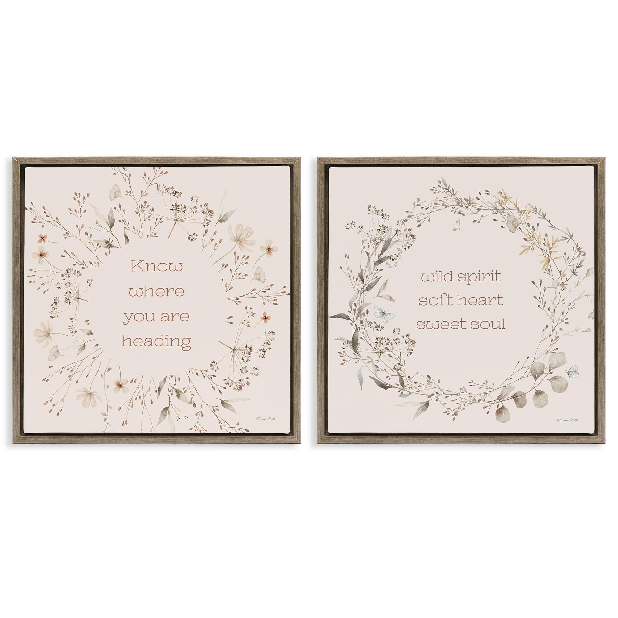 Stupell Industries B2-792-FFE-2PC-24X24 Inspiring Soft Wreaths with Phrases 2 Piece Brown Framed Floater Canvas Set By Susan Ball 25 x 25