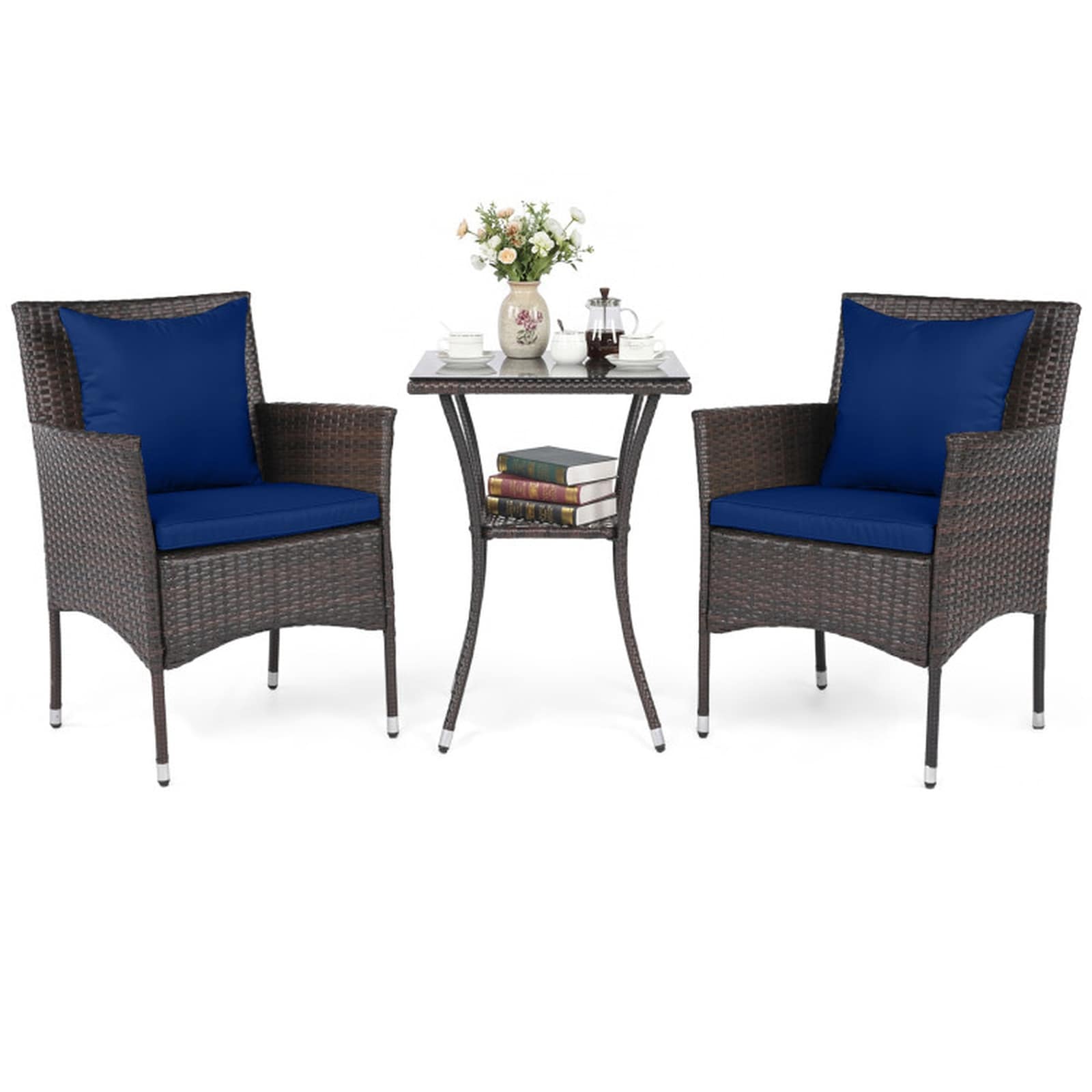 SUGIFT 3-Piece Patio Furniture Set Rattan Bistro Chairs with 2-Tier Tempered Glass Side Table Navy Cushions Mix Brown Wicker for Balcony Porch