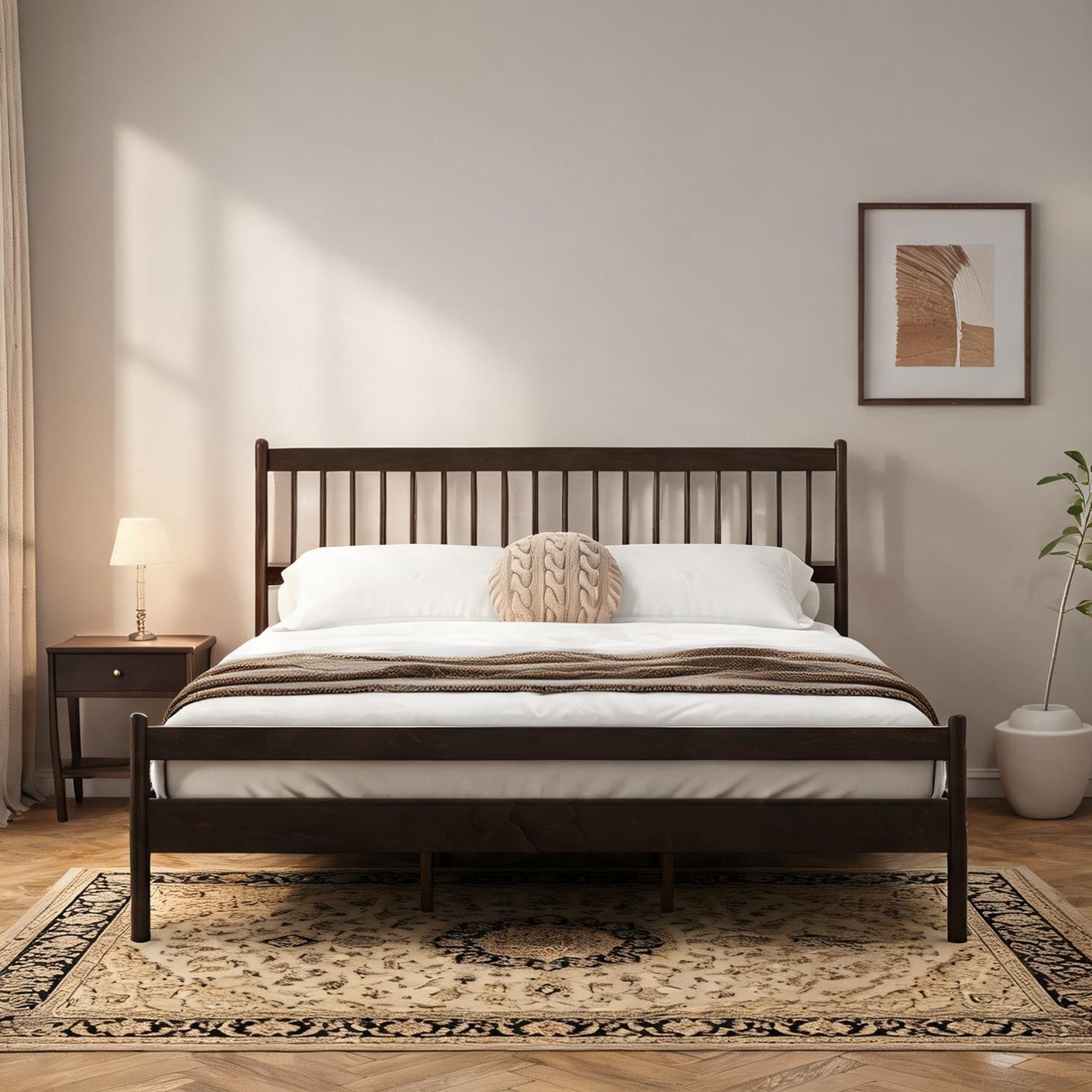 Naturefalls - Pine Wood King Bed Frame with Slatted Headboard Rich Brown Traditional Platform Bed
