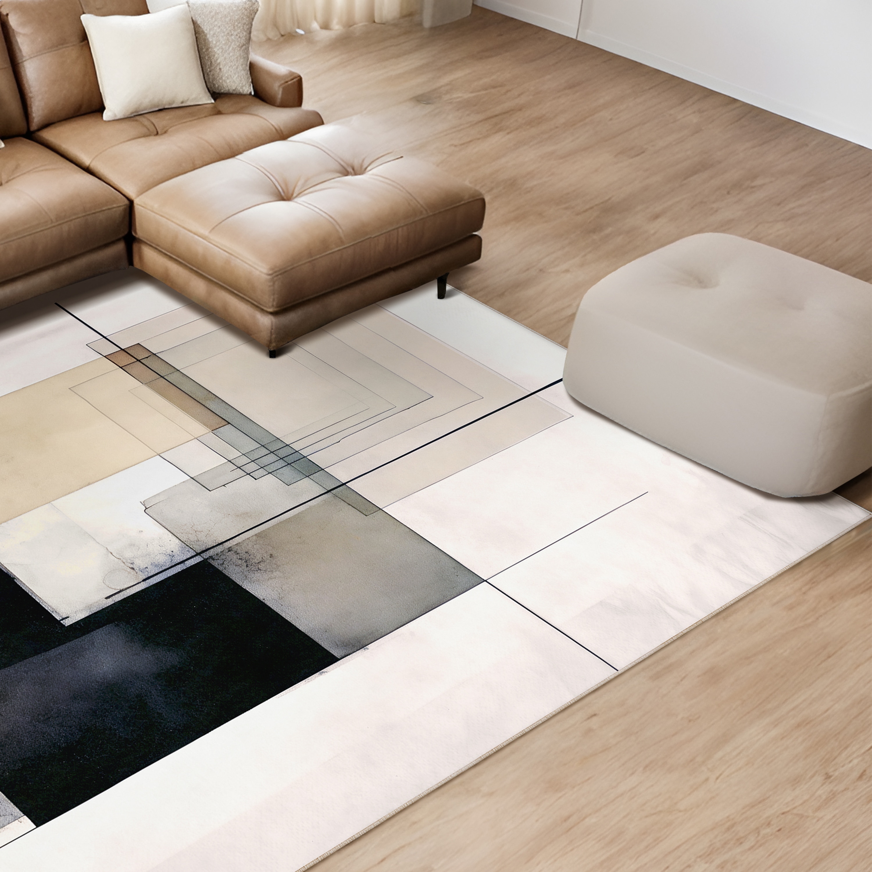 Black and Beige Geometric Washable 8' x 10' Area Rug