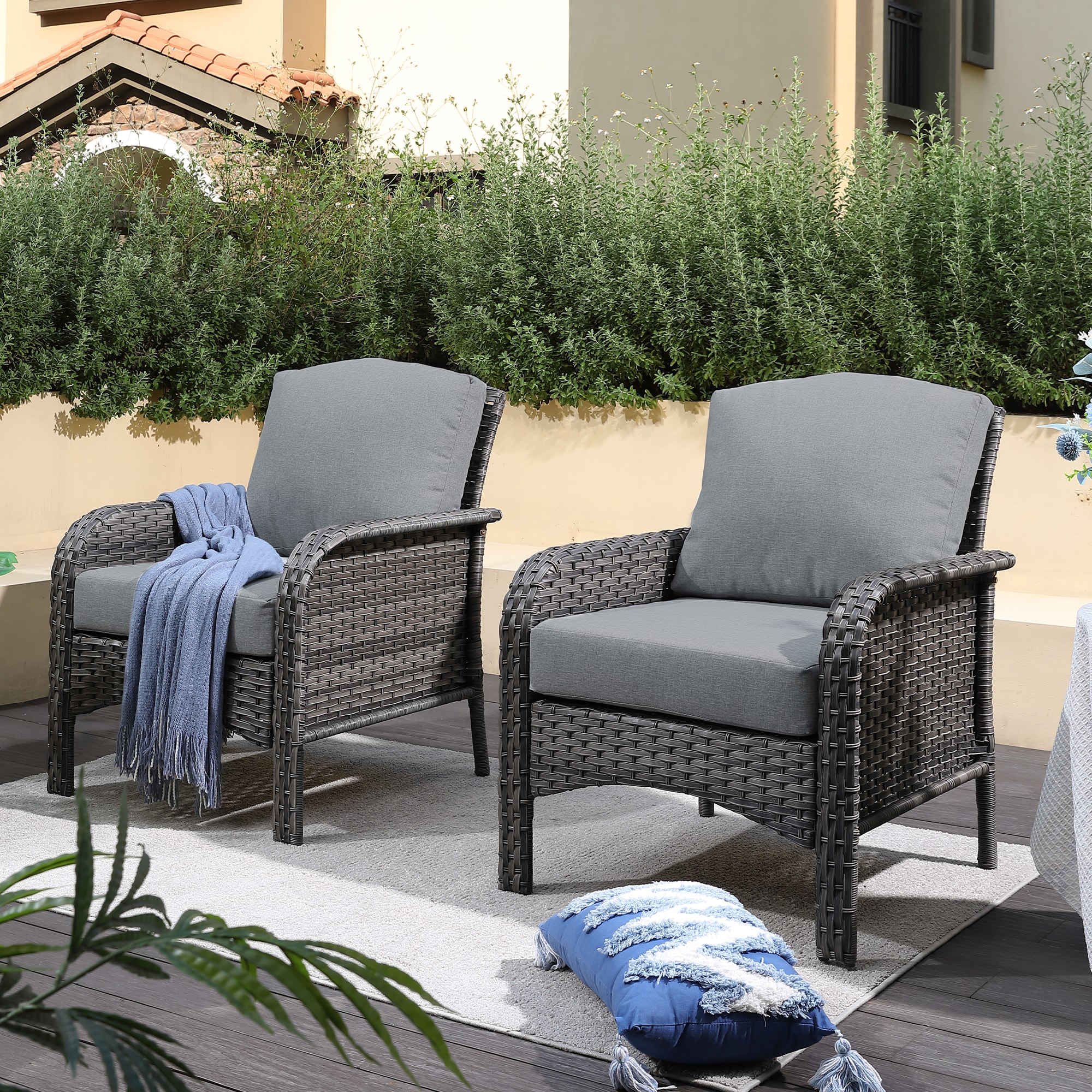 Ovios GNDS200-2 Set of 2 Wicker Black Iron Frame Stationary Conversation Chair with Dark gray Cushioned Seat