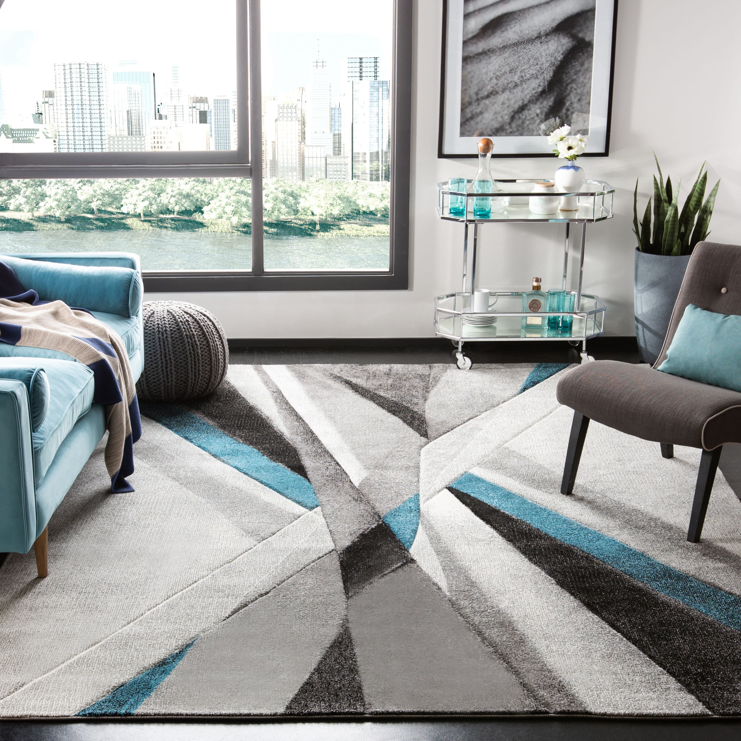 Safavieh HLW710D-10 Hollywood Kodra 10 x 14 (ft) Loomed Polypropylene Gray/Teal Rectangular Indoor Geometric Mid-Century Modern Area rug