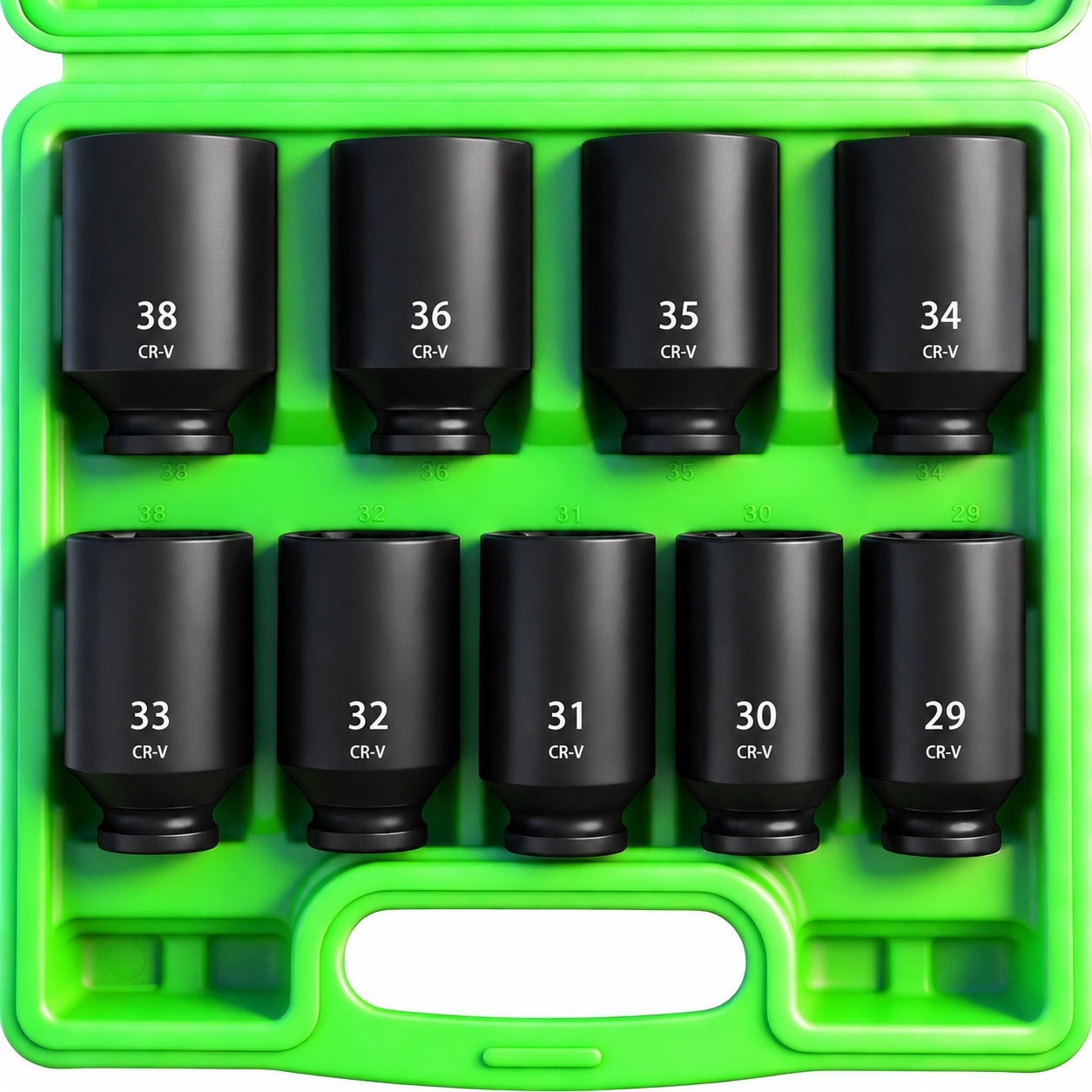 Linder Group Inc Half Inch Metric Impact Socket Set 9 pcs Deep Spindle Axle Nut Socket 29mm to 38mm CRV Steel Corrosion Resistant Black Finish Heavy Duty Case