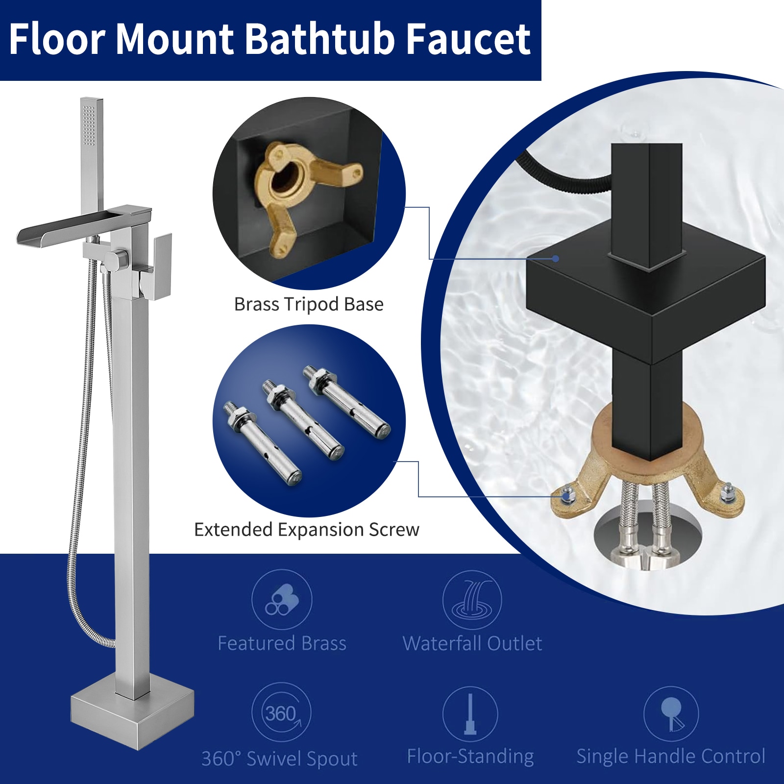 Brushed Nickel Freestanding Waterfall Tub Faucet with Hand Shower