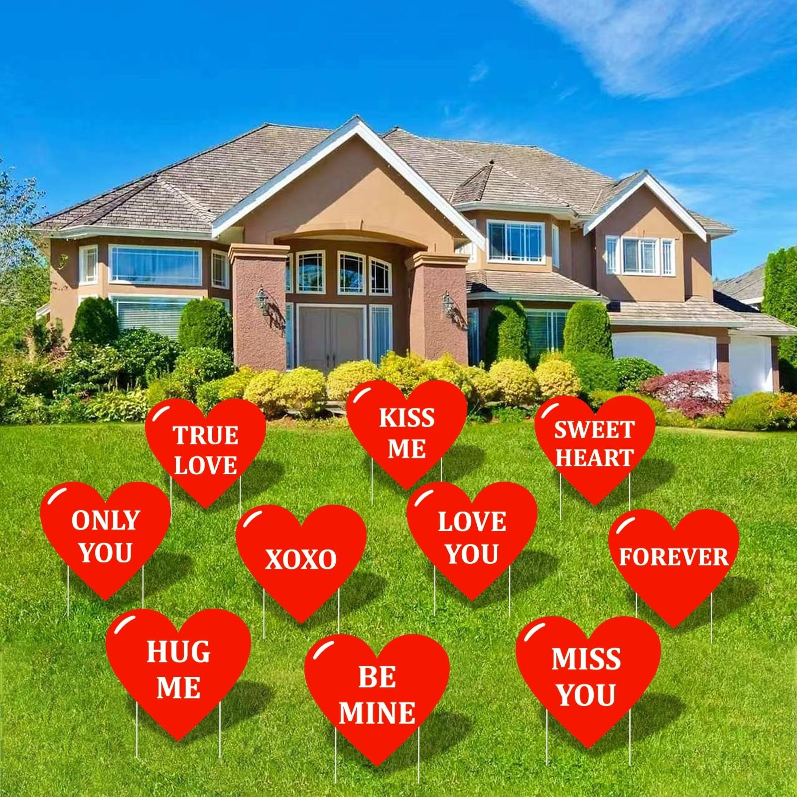 Phyfalip  10 Piece Valentine Heart Yard Signs with Stakes Assorted Red Sweetheart Messages Large Outdoor Lawn Garden Driveway Decor Weather