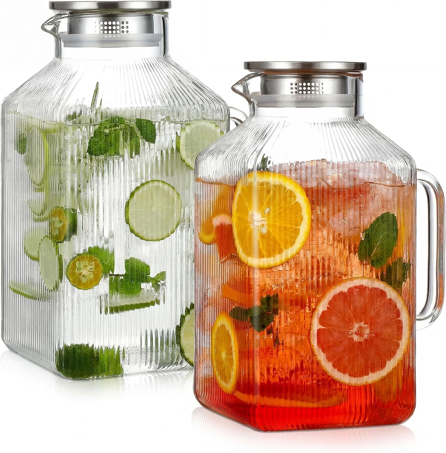 GAOMON 2 Pack 1 Gallon Glass Pitcher with Handle - Ribbed Square Beverage Carafe with Strainer Lid - Clear Glass Water Jug for Refrigerator - Iced Tea - Juice - Lemonade Hot Drinks