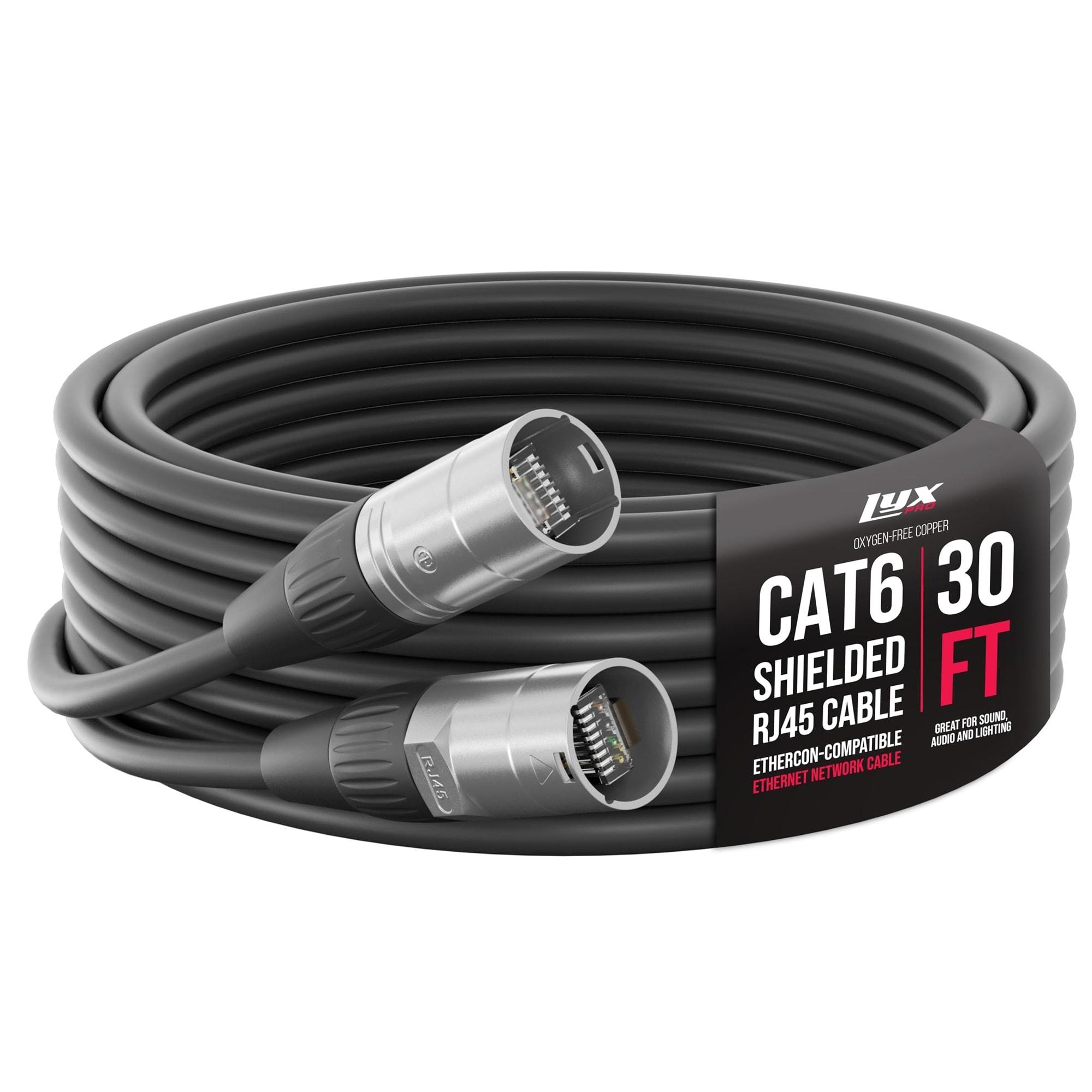 LyxPro CAT6 Ethercon Cable - 30 Feet - Shielded RJ45 Pro Audio Lighting - Black