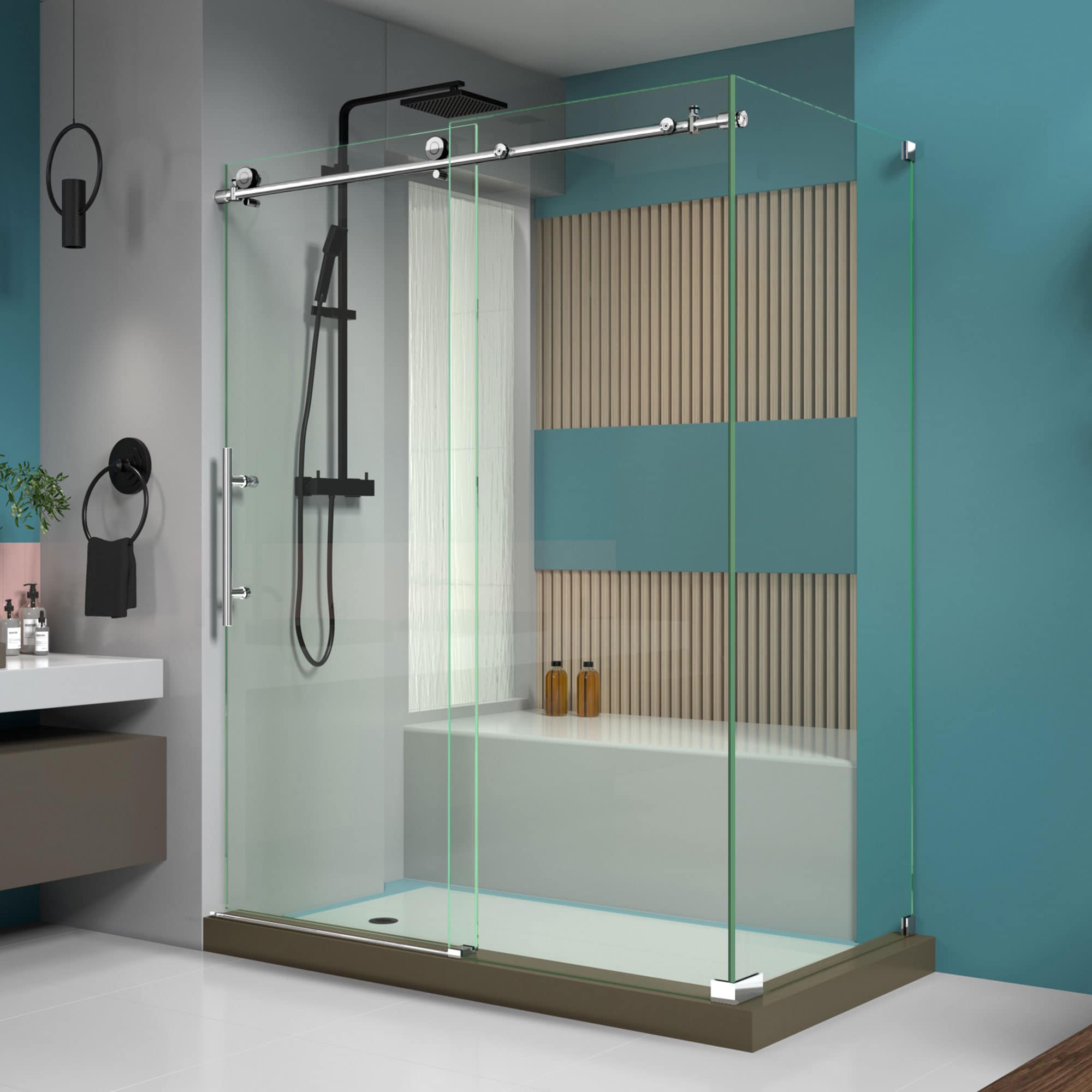 DreamLine SHEN-6134600-08 Enigma-X Polished Stainless Steel 56-3/8-in to 60-3/8-in W x 76.0-in H Frameless Sliding Shower door 3/8-in Thick Clear Glass
