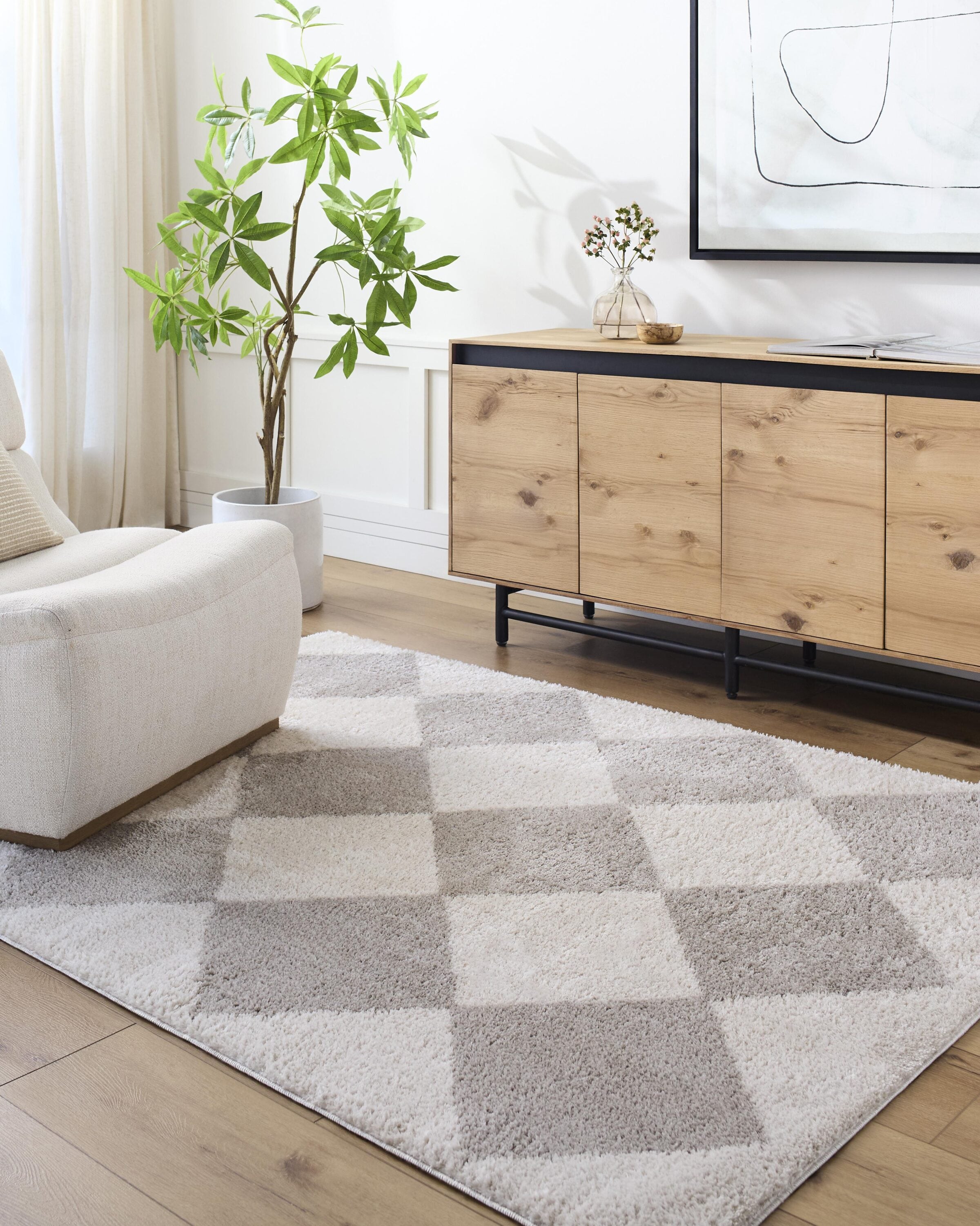 Livabliss FSG2327-679 Fossay Shag 6 x 9 (ft) Flatweave Polyester Light Beige/ Medium Gray Rectangular Indoor Mid-Century Modern Machine washable Area rug