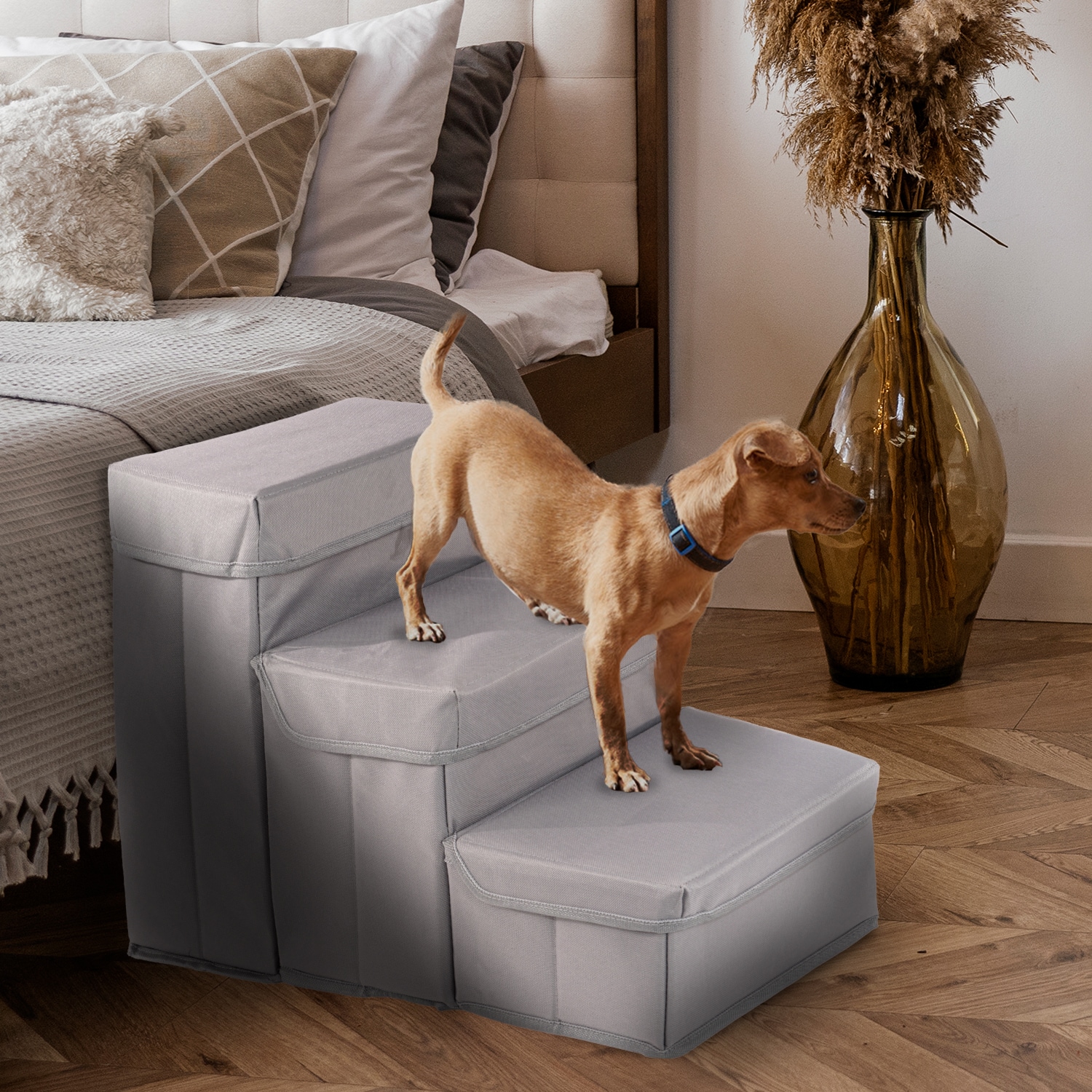 Gray Padded Foldable Pet Steps with Storage