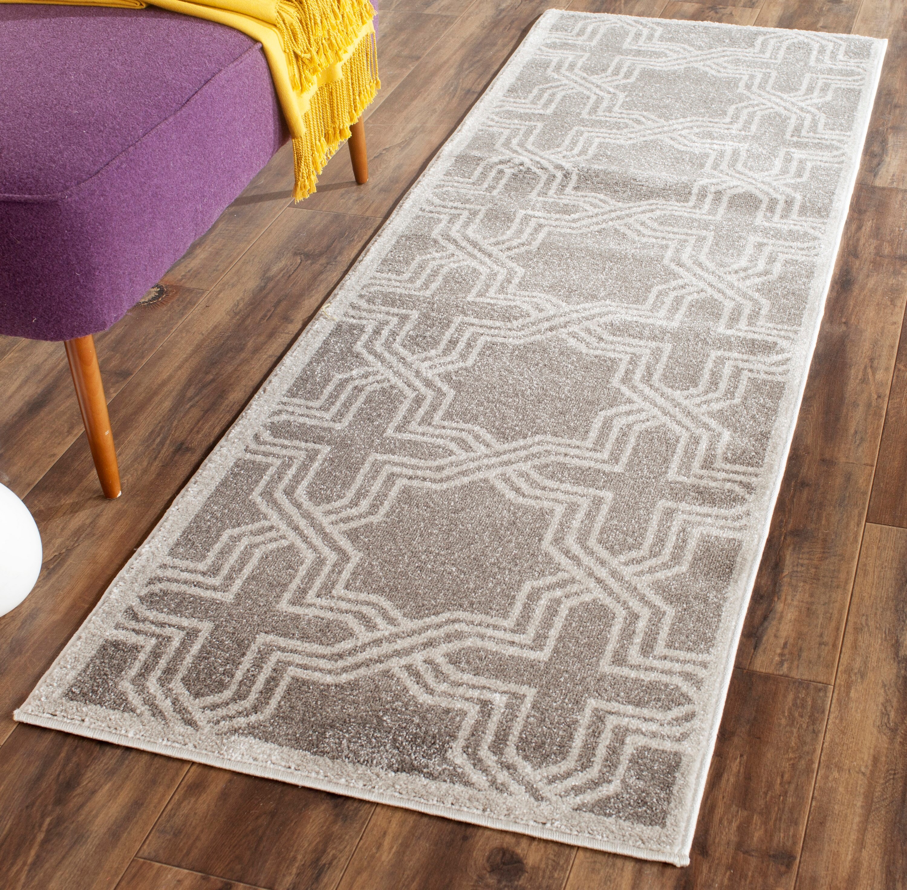 Grey and Light Grey Geometric Runner Rug 2'3" x 7'