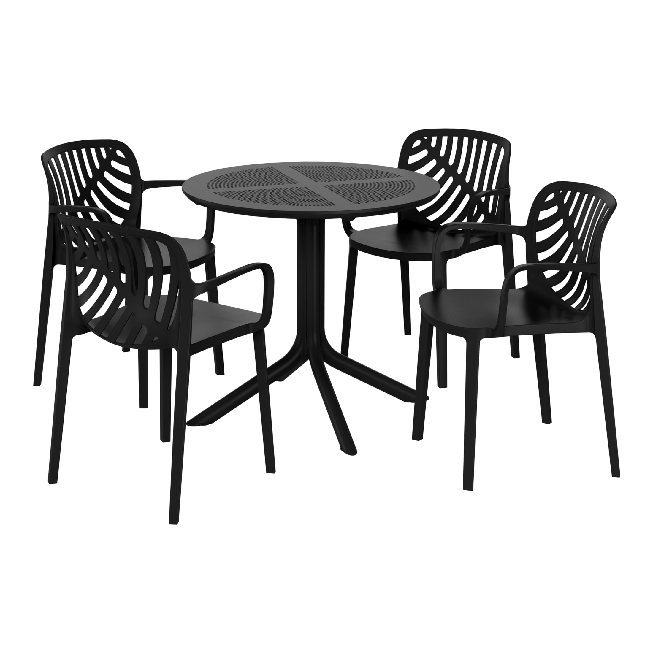 Westin Furniture OP3093-BK FrondForm 5 -Piece Black Patio Dining Set Plastic Round Table with 4 Stackable Stationary Chairs