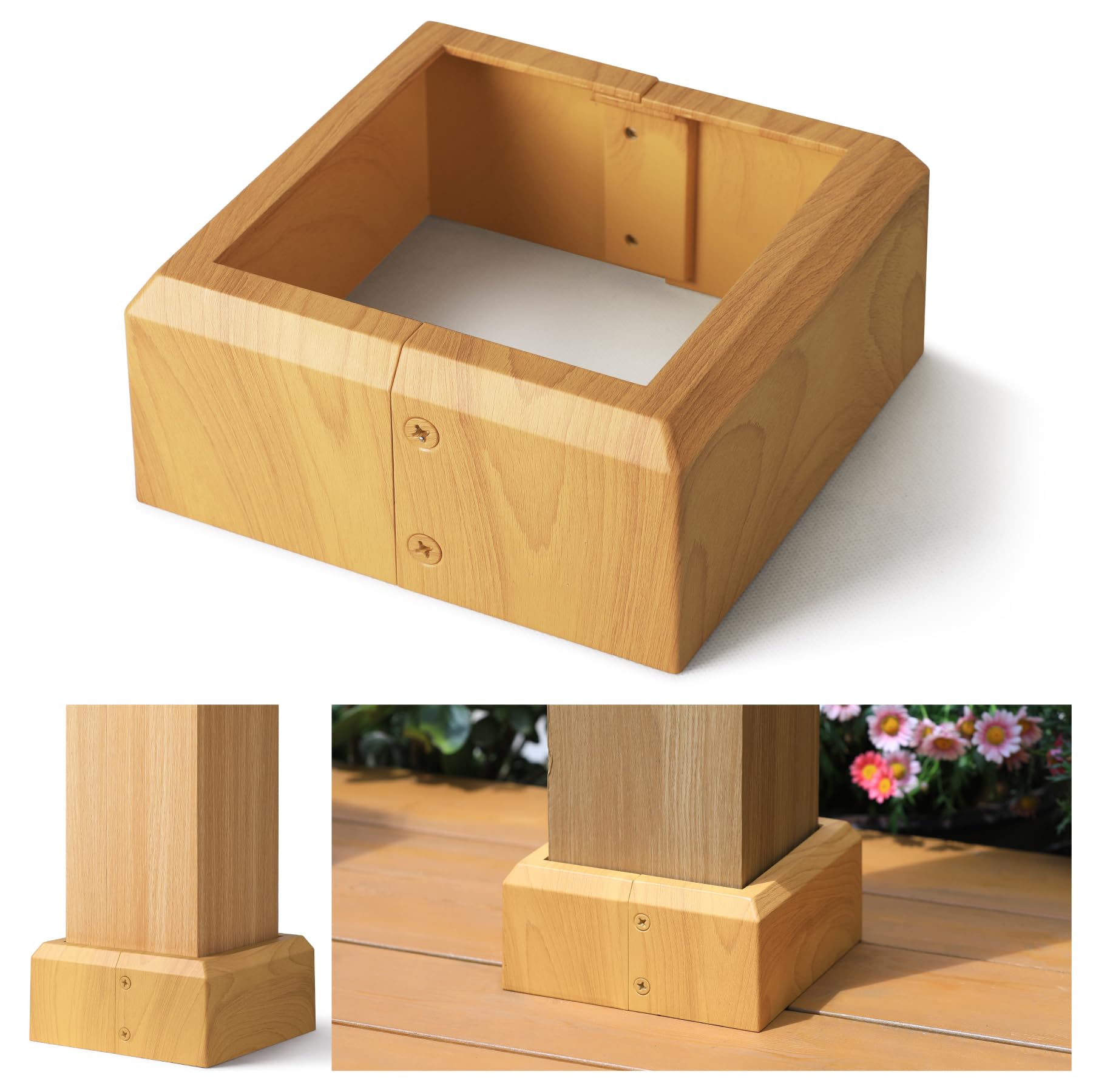Afoxsos  2 pack aluminum deck post base cover split style metal post skirt southern pine woodgrain fits 6x6 actual 5 point 5 x 5 point 5 posts