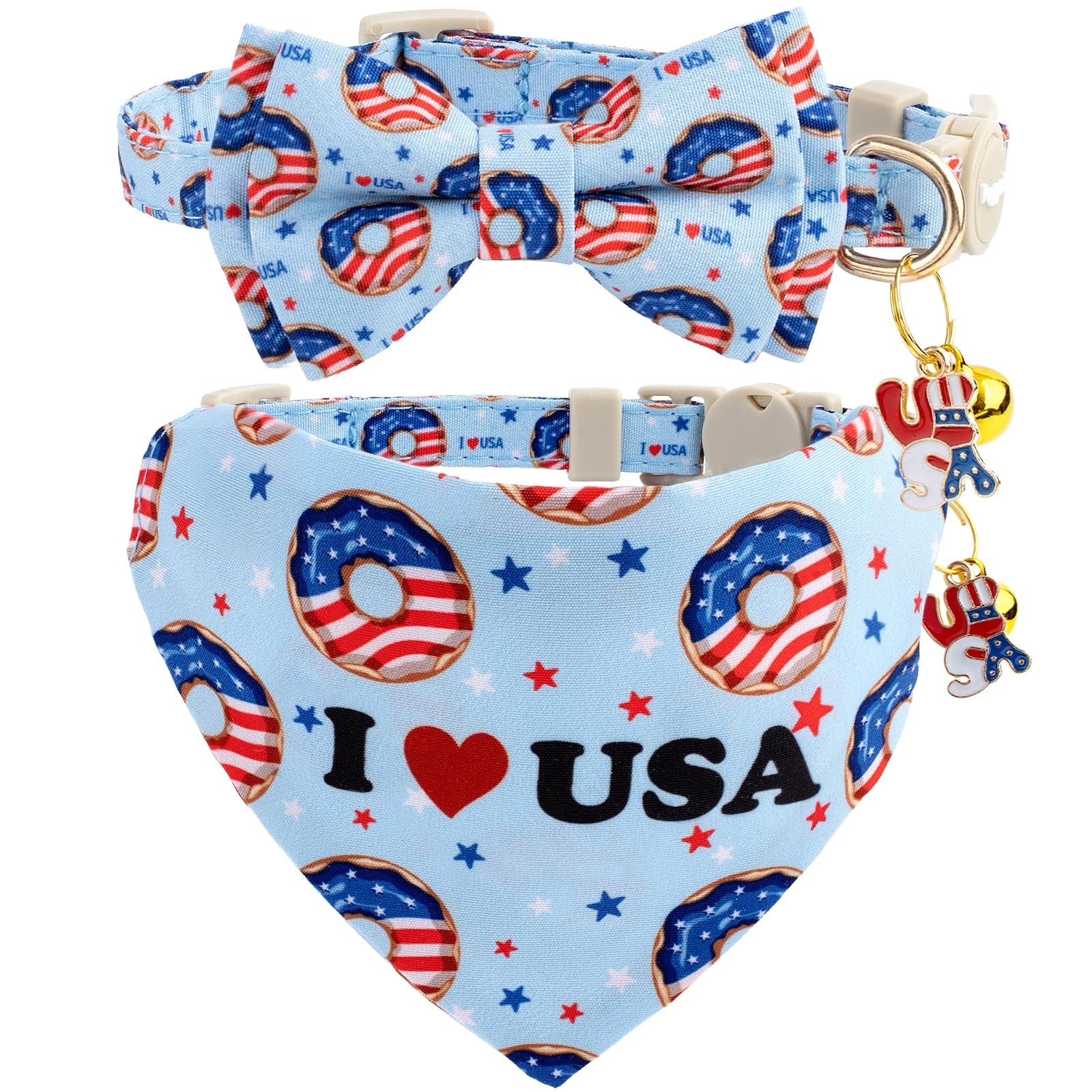 Oyezvary  2 pack patriotic cat collar set with adjustable breakaway collar bow tie and bandana American flag donut pattern light blue soft fabric