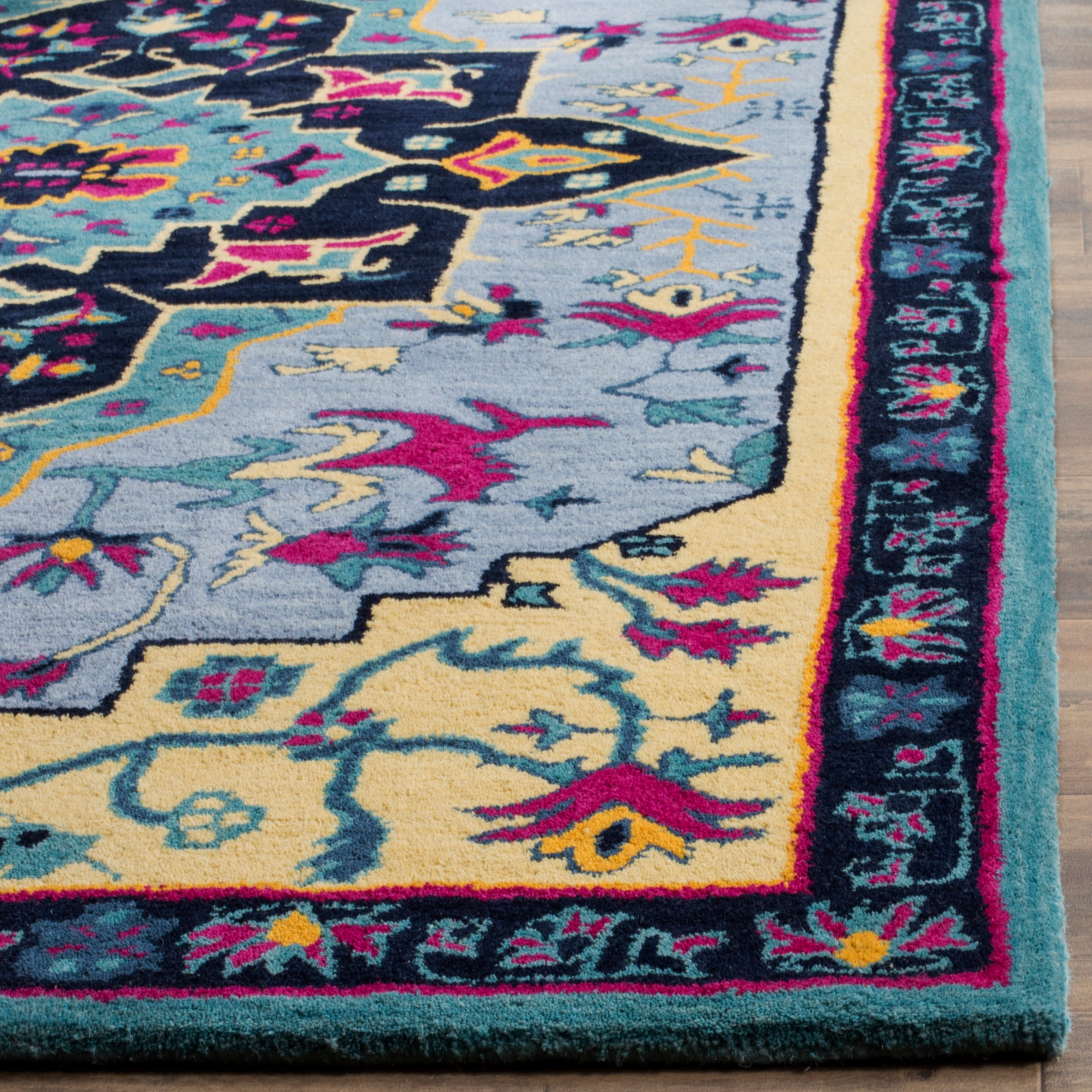 Handmade Light Blue and Multi Wool Rectangular Area Rug, 5'x8'