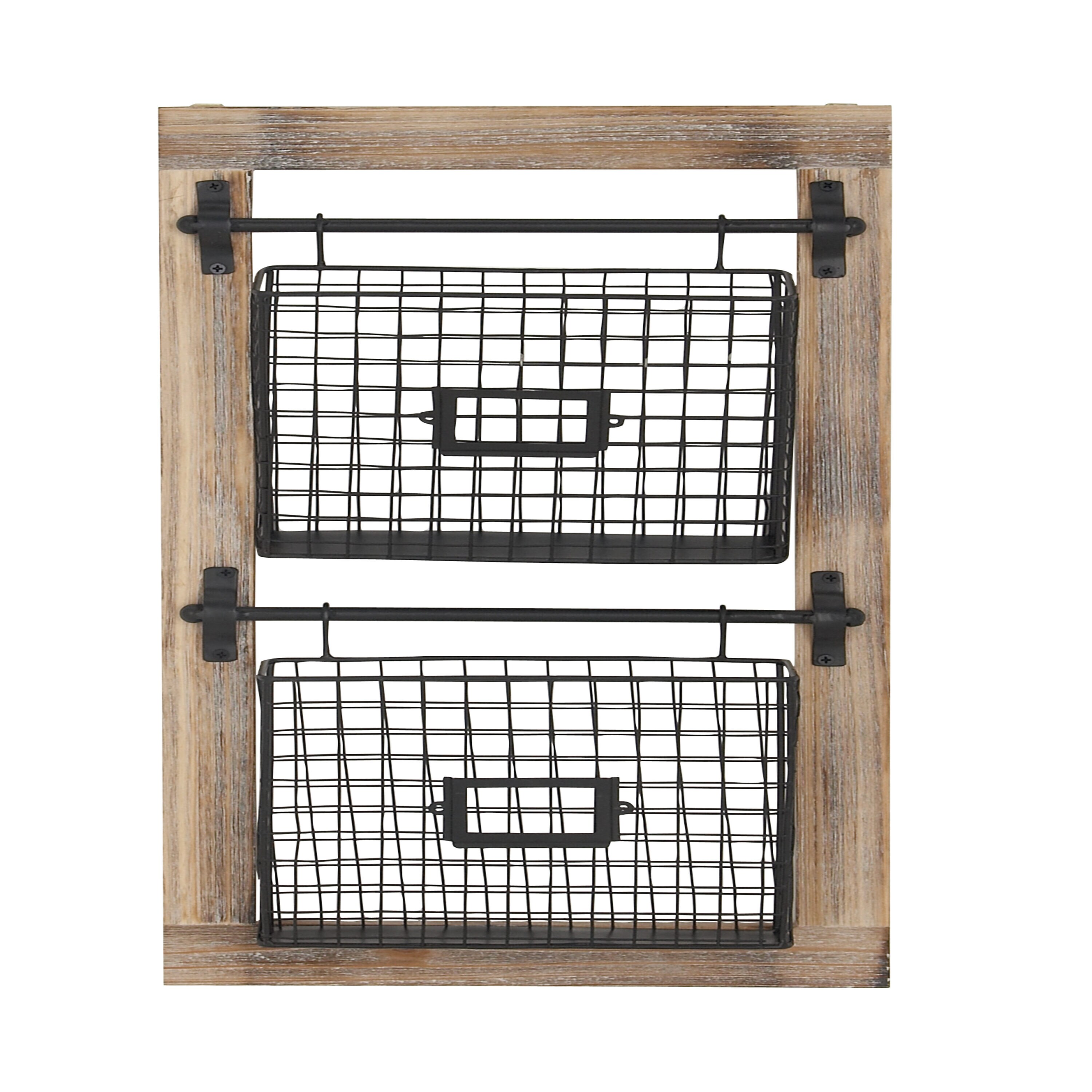 Black Metal and Wood Wall Mounted Magazine Rack with Baskets
