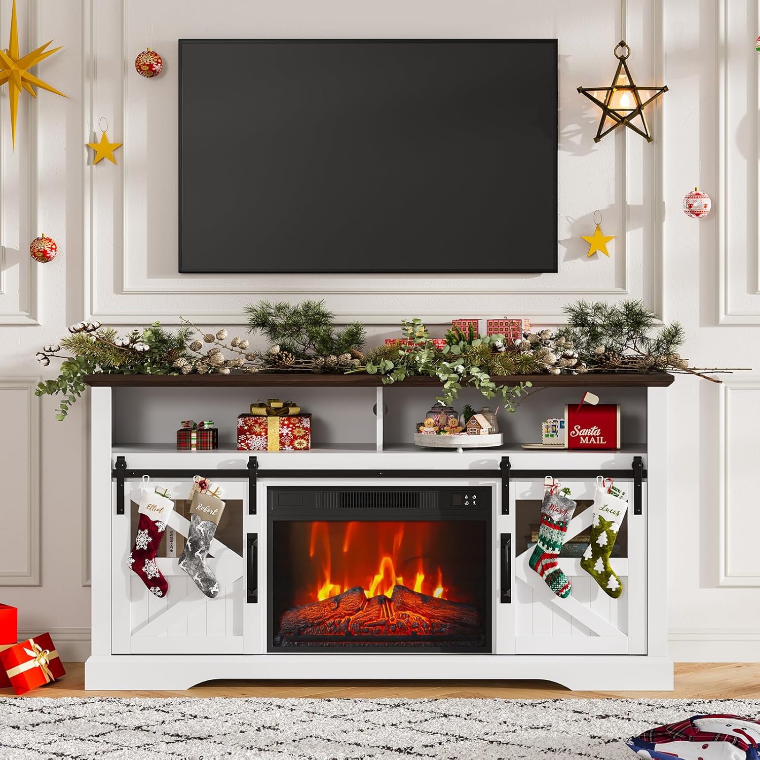 Qeetex LHF-DSG-PHO-16NGS71M Electric Fireplace TV Stand for 65 Inch TV Farmhouse Entertainment Center with Storage Cabinets Modern Media Console Table with Sliding Barn Doors for Living Room - White