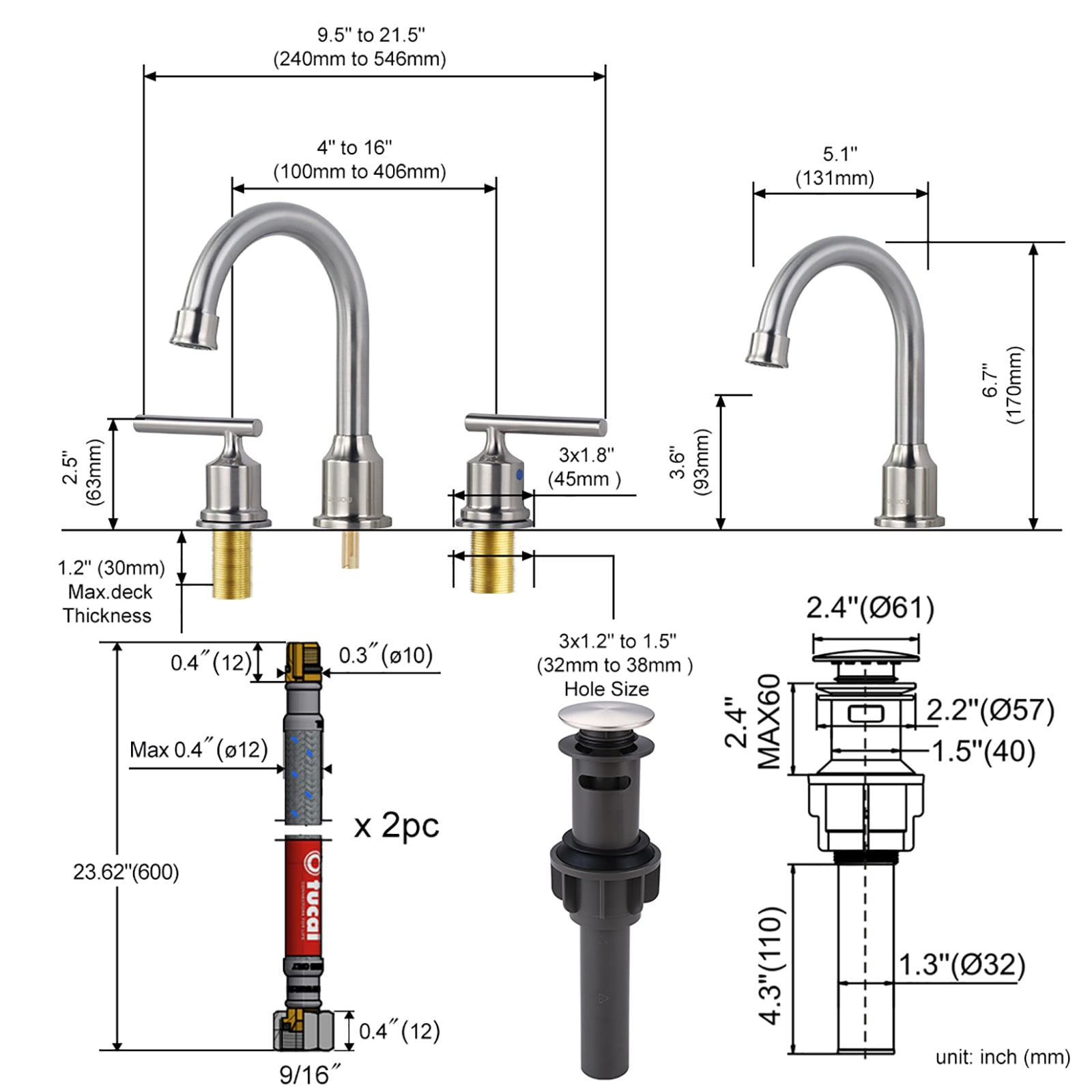 WOWOW Brushed Nickel Widespread 2-Handle Bathroom Sink Faucet with ...