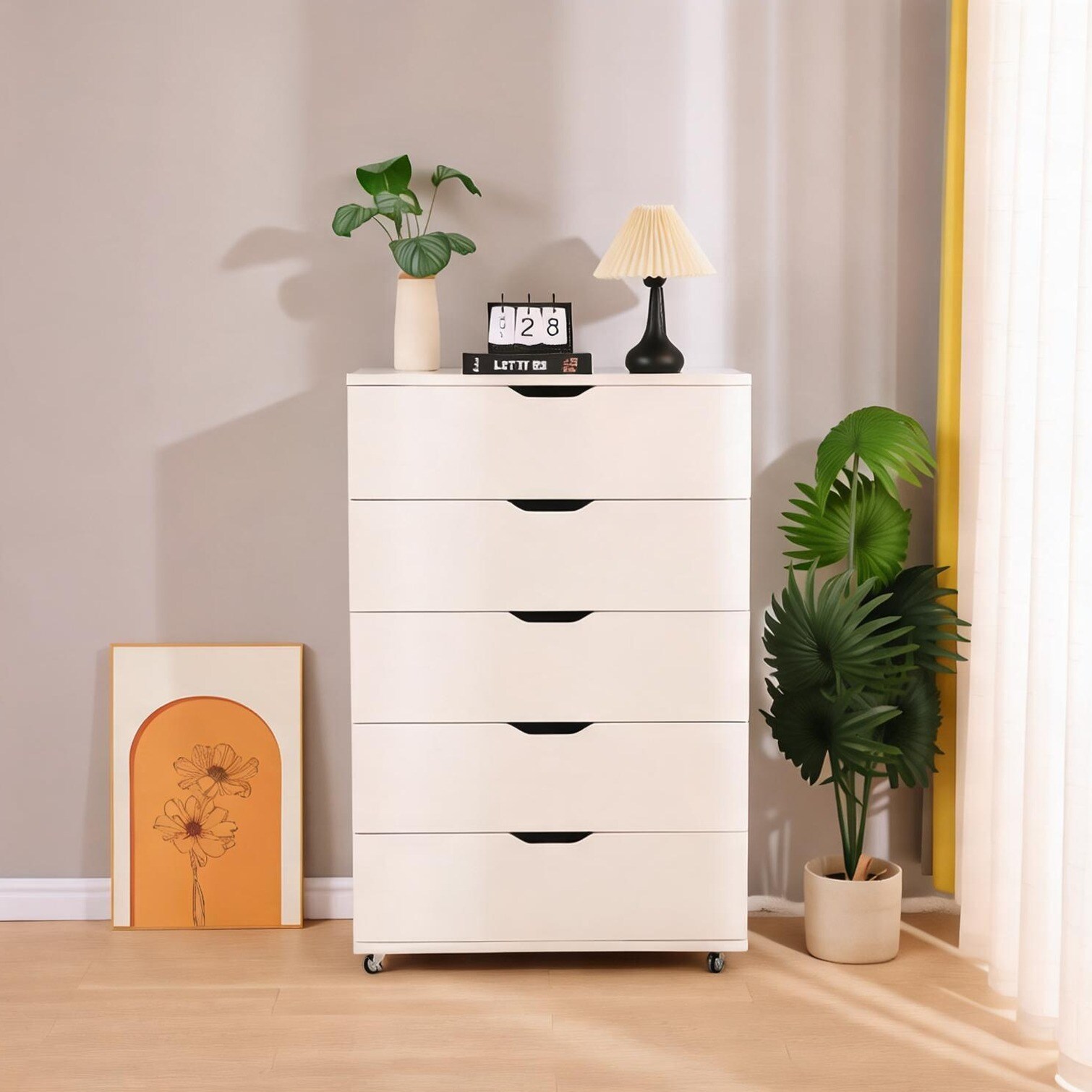 SunJet Engineered Wood Rolling 5-Drawer Dresser Ample Storage Modern ...