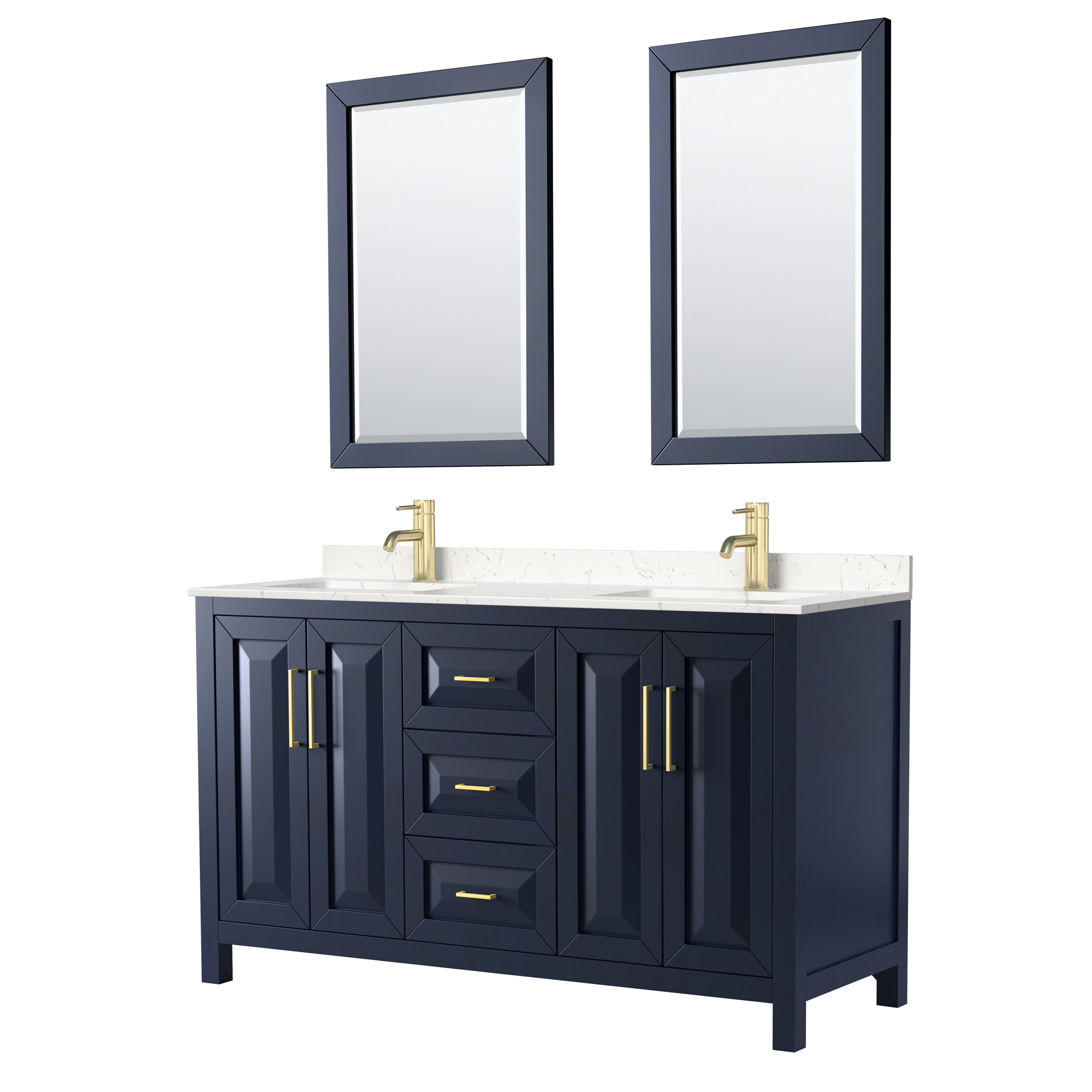 Wyndham Collection WCV252560DBLC2UNSM24 Daria 60-in Dark Blue with Brushed Gold Trim Undermount Double sink Bathroom Vanity with Carrara Cultured Marble Cultured marble Top (Mirror Included)