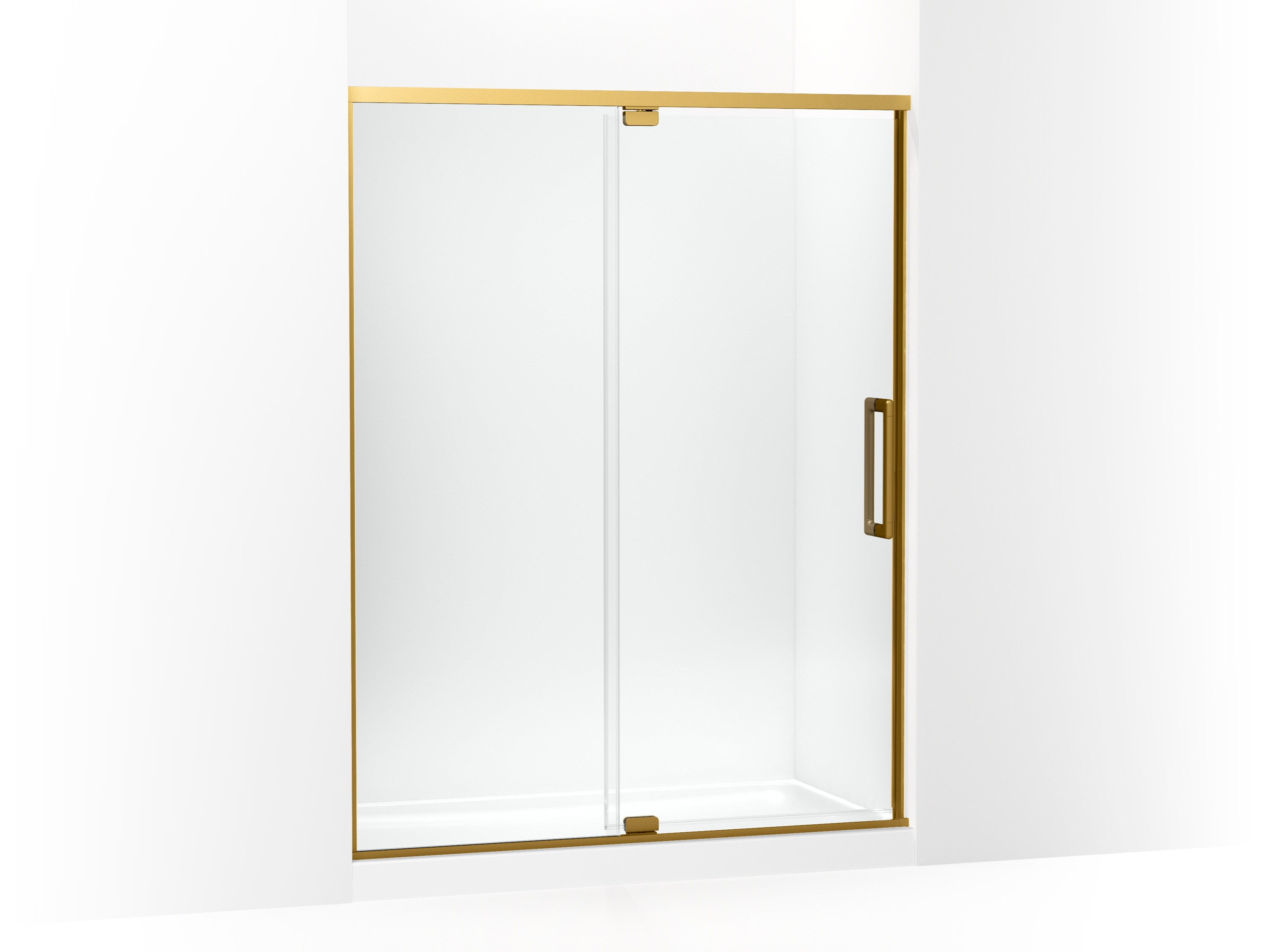 KOHLER Statement Vibrant Brushed Moderne Brass 60-in W x 76-in H Frameless Clear Glass Bypass Pivot Soft Close Shower door
