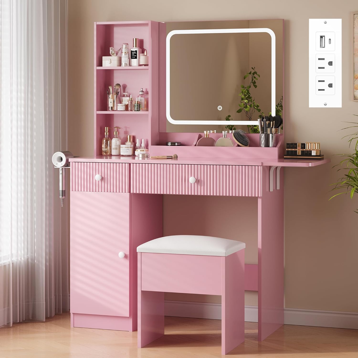 Qeetex LHF-SZT-PHK-33JDLJ6W Makeup Vanity with Lighted Mirror - Vanity Desk with Power Strip/Adjustable Lighting/Drawers and Cushioned Stool - Dressing Table for Bedroom - Pink