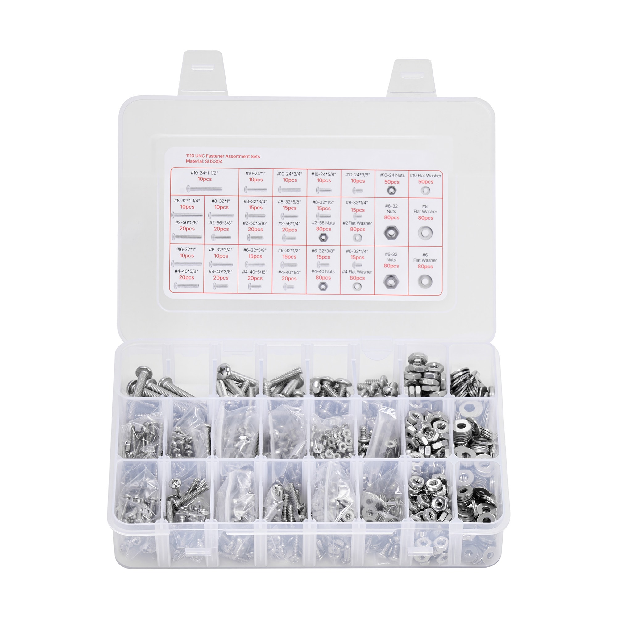 GIVIMO 1110-Pc Bolts and Nuts Assortment Kit Imperial Machine Screws and Flat Washers Stainless Steel SUS304 in 2-56 4-40 6-32 8-32 10-24 Sizes for Furniture Equipment Assembly Silver