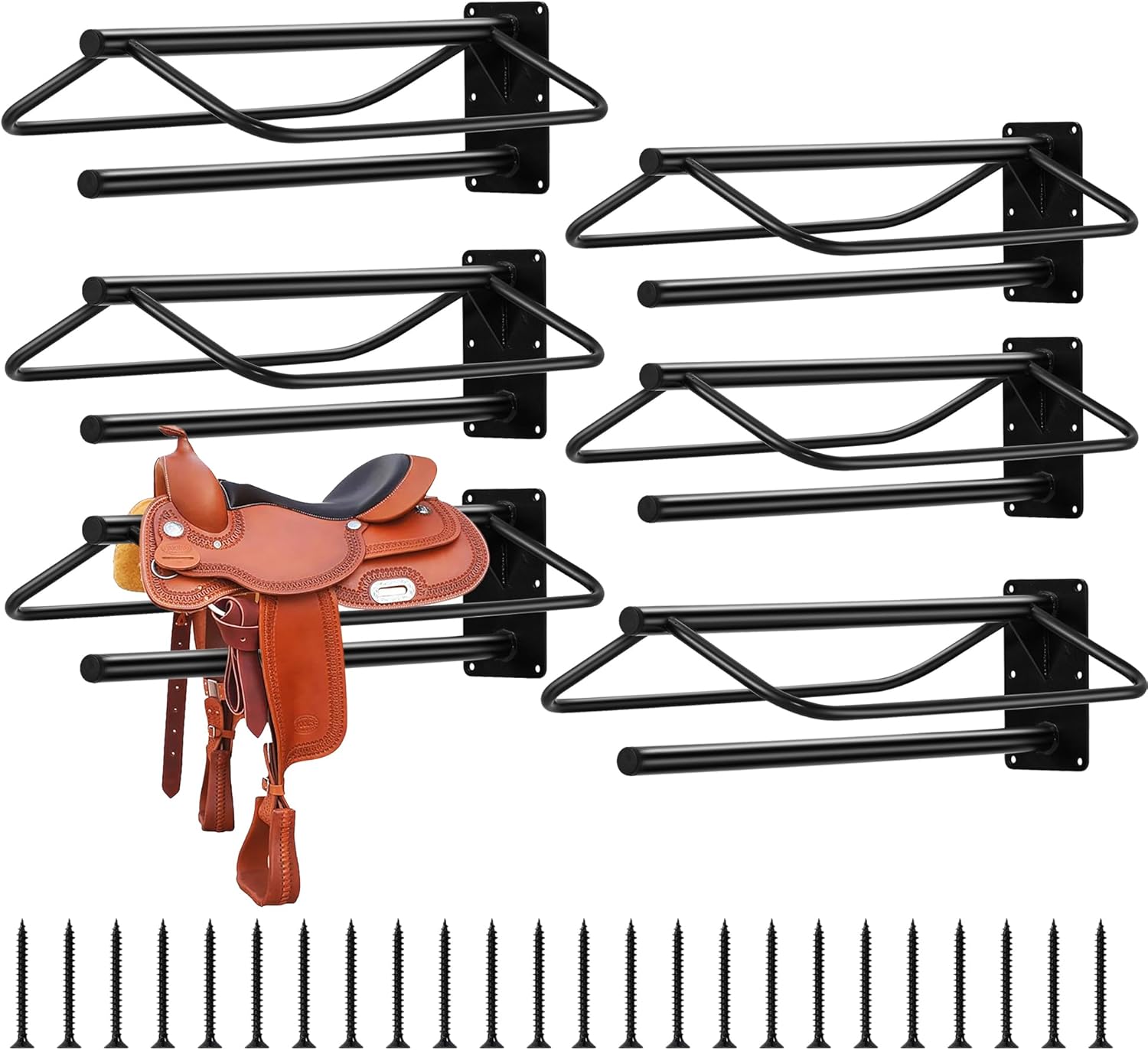 Garvee 6 Pack Wall Mounted Saddle Rack with Double Pad Bar Heavy Duty Carbon Steel Saddle Stand for English and Western Saddles Blankets Horse Tack Organization Wall Storage #GGL-PPS-33C8TSQH