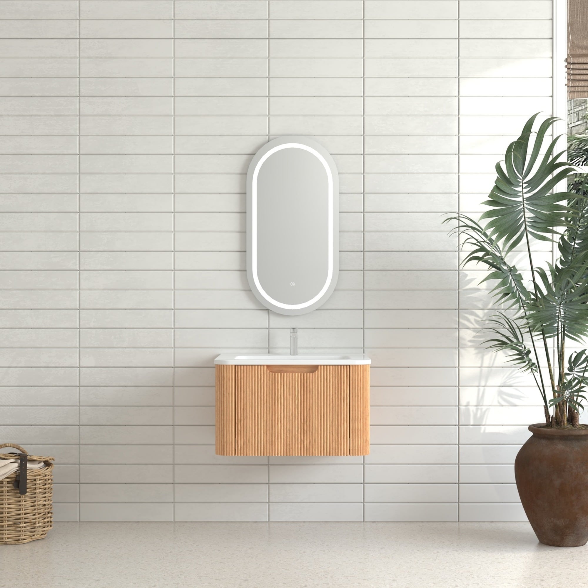 IAK - 24 inch Natural Walnut Wall-Mounted Floating Bathroom Vanity with White Ceramic Basin and S...