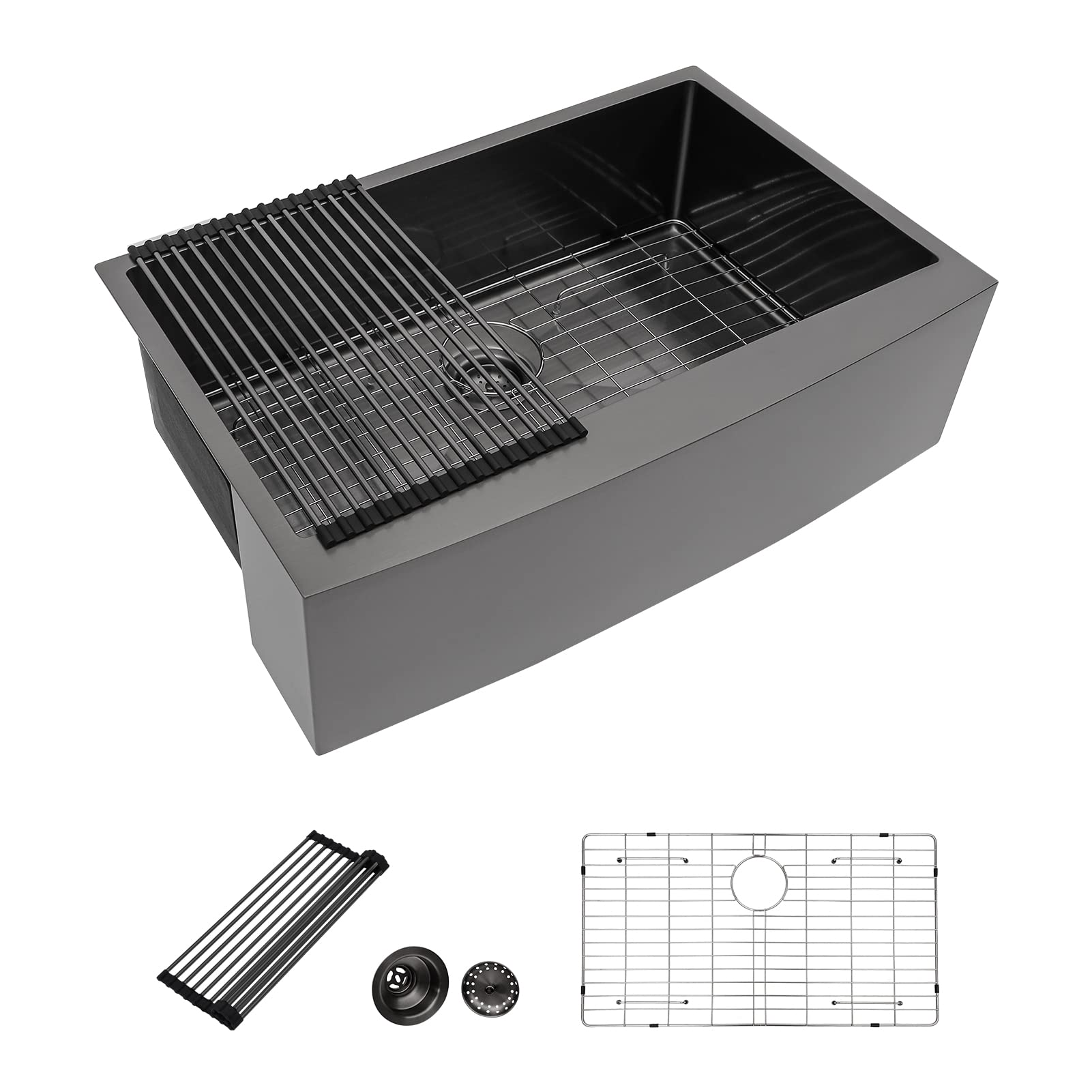 Dcolora 33-in Gunmetal Black Farmhouse Sink Apron Front 16 Gauge Stainless Steel Round Corner Single Bowl Kitchen Sink DC-AB-33