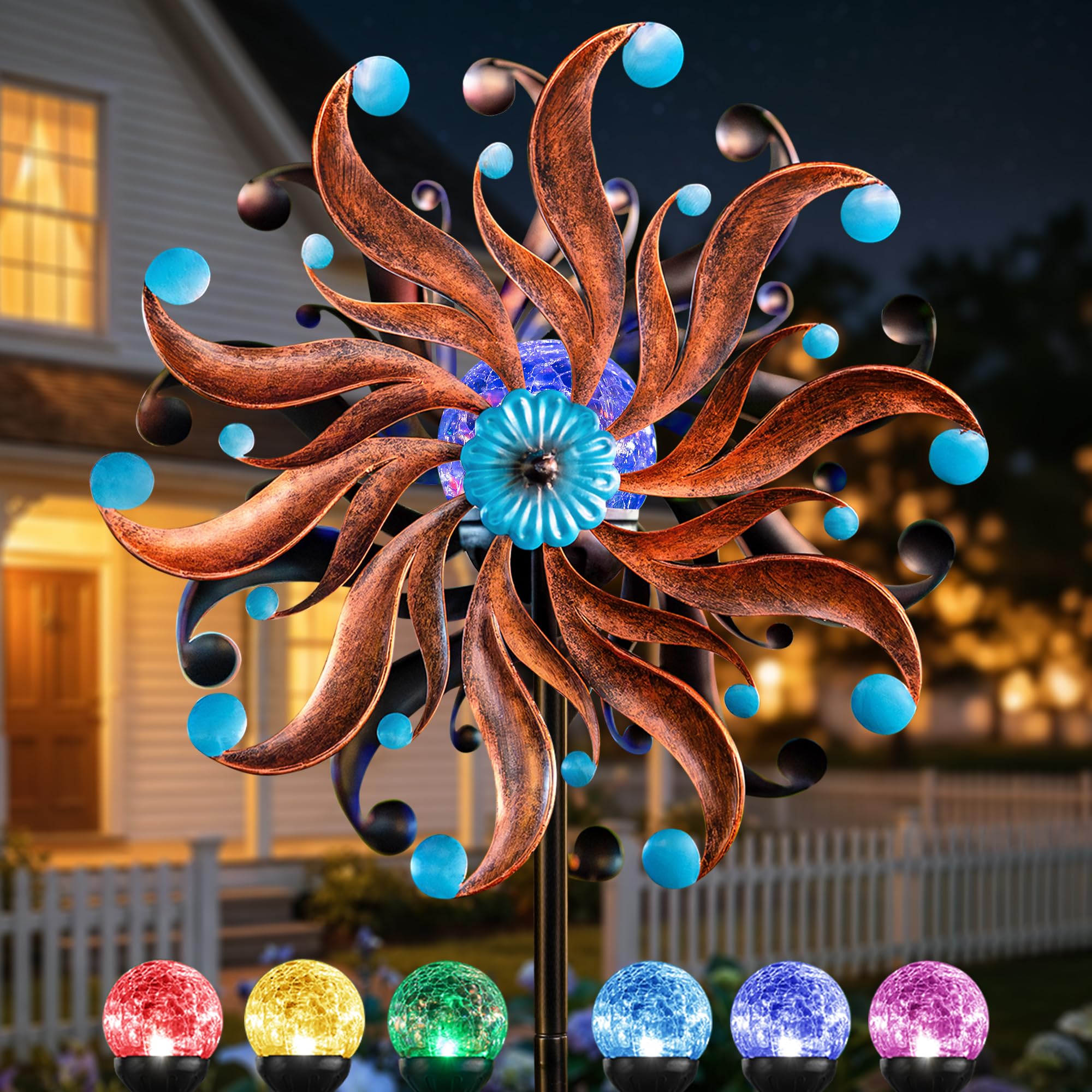 Phewnyzo  360 Degree Solar Wind Spinner Metal Yard Sculpture with Vintage Copper Blue Kinetic Art and Solar Powered LED Multi Color Glass Ball